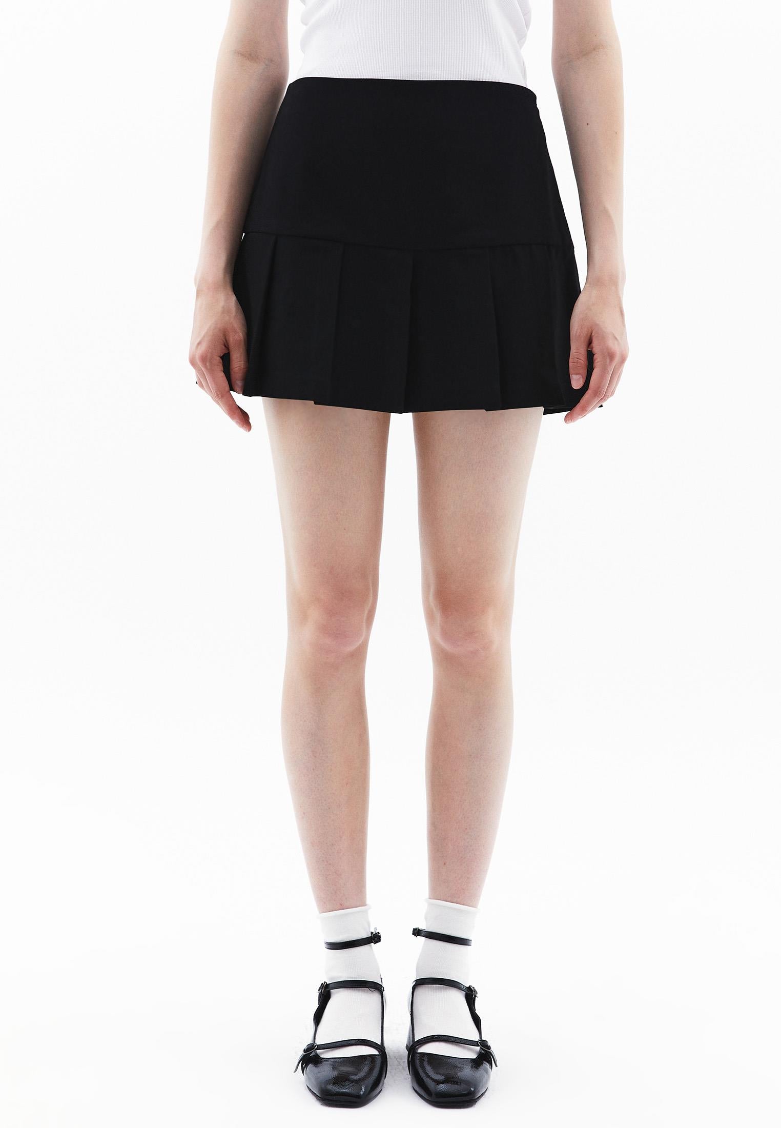 Pleated Short A-Line Skirt - BLACK
