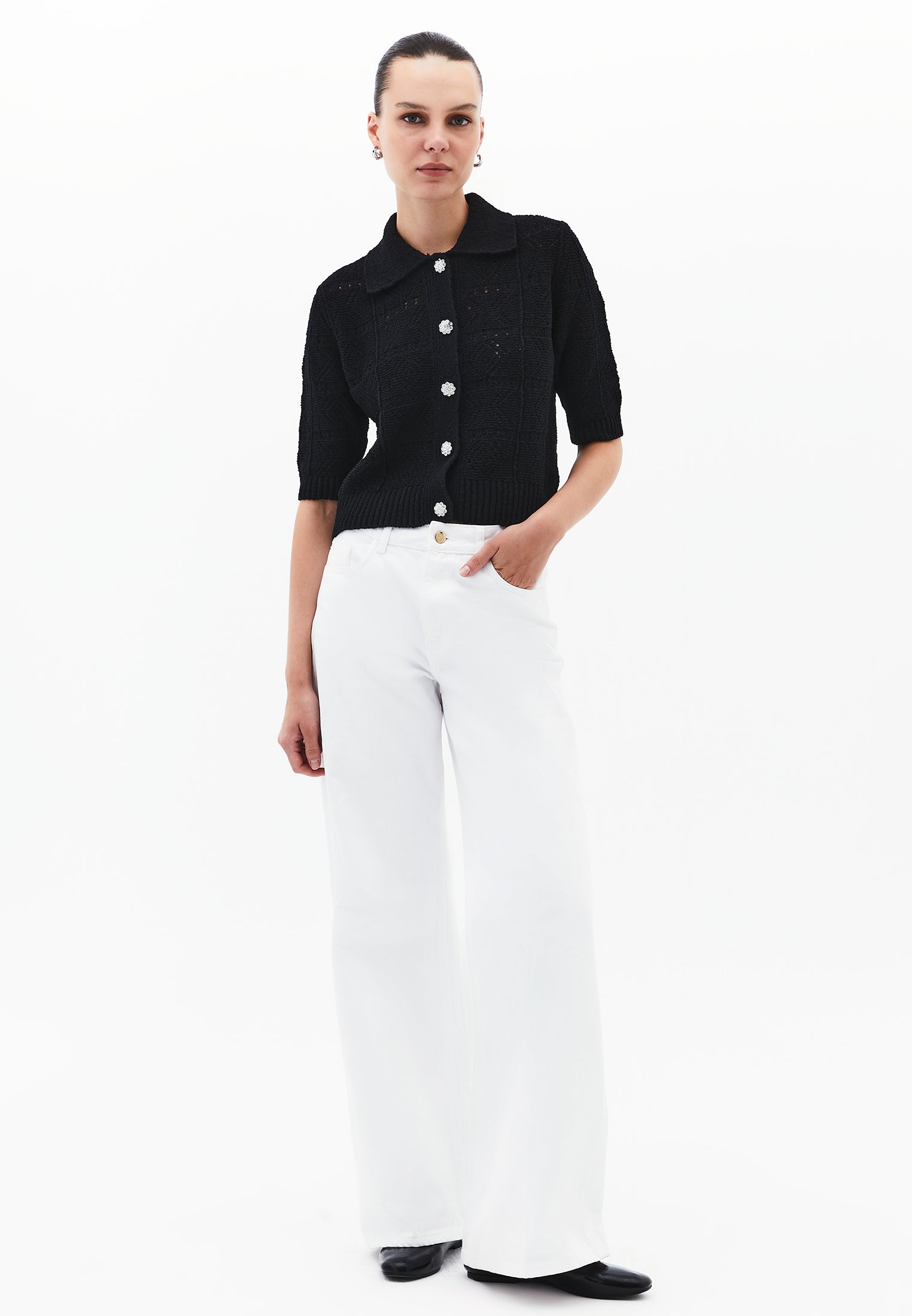 Ajour Short Cardigan With Polo Collar - BLACK