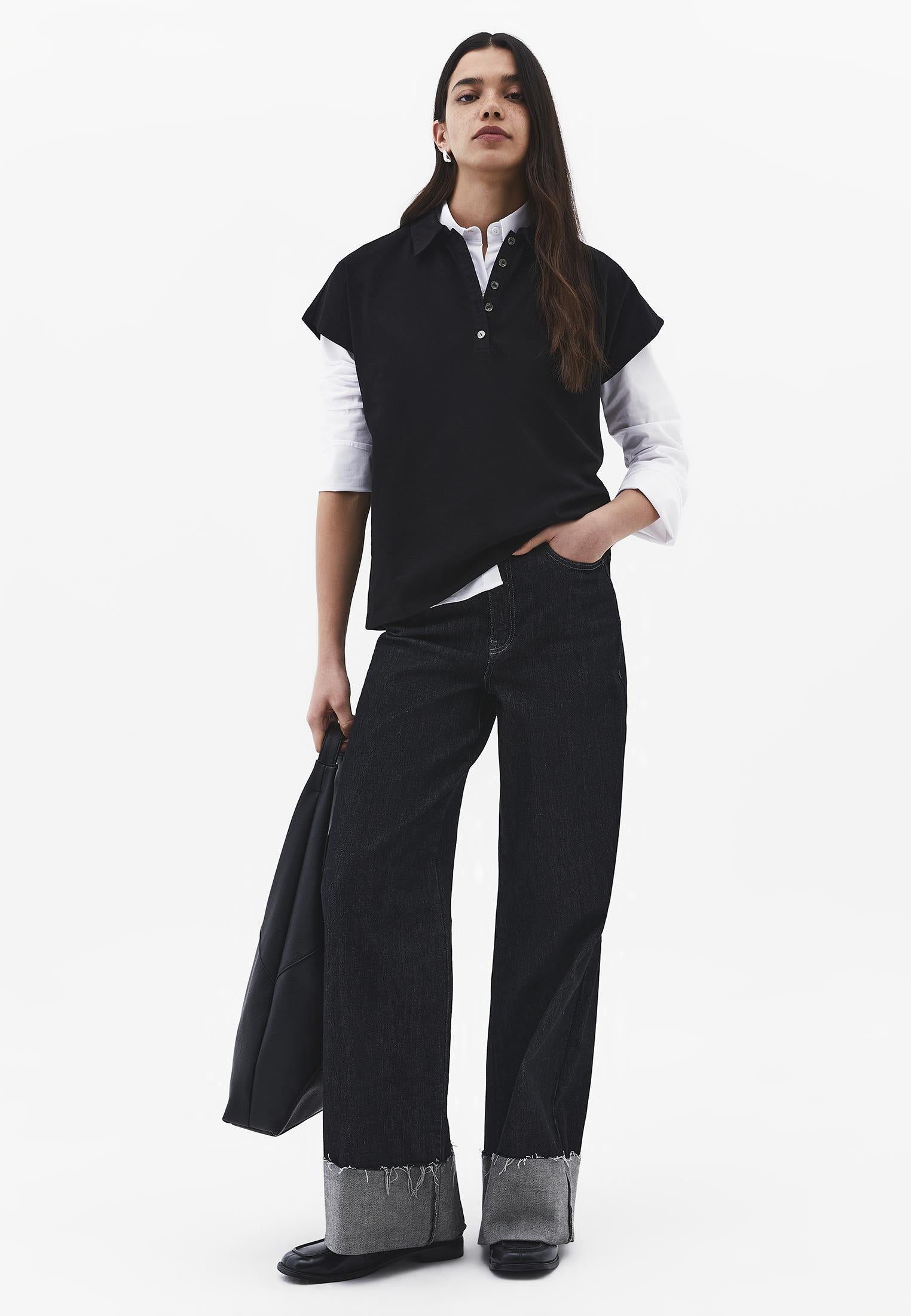 Button Detailed Polo Neck T-Shirt - BLACK