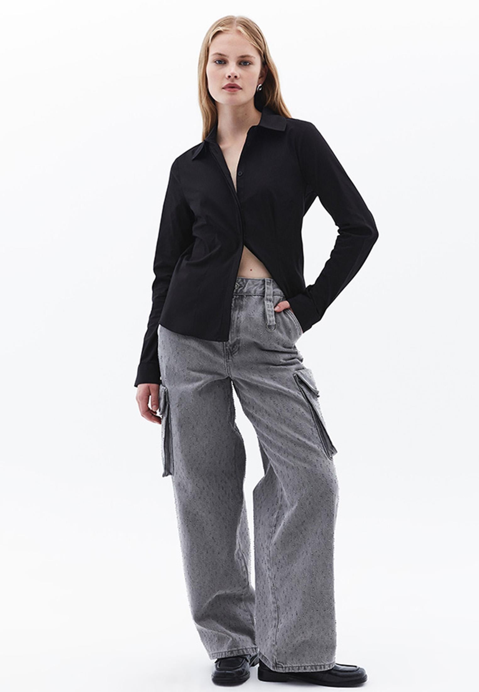 Woven Standard Long Sleeve Shirt - BLACK