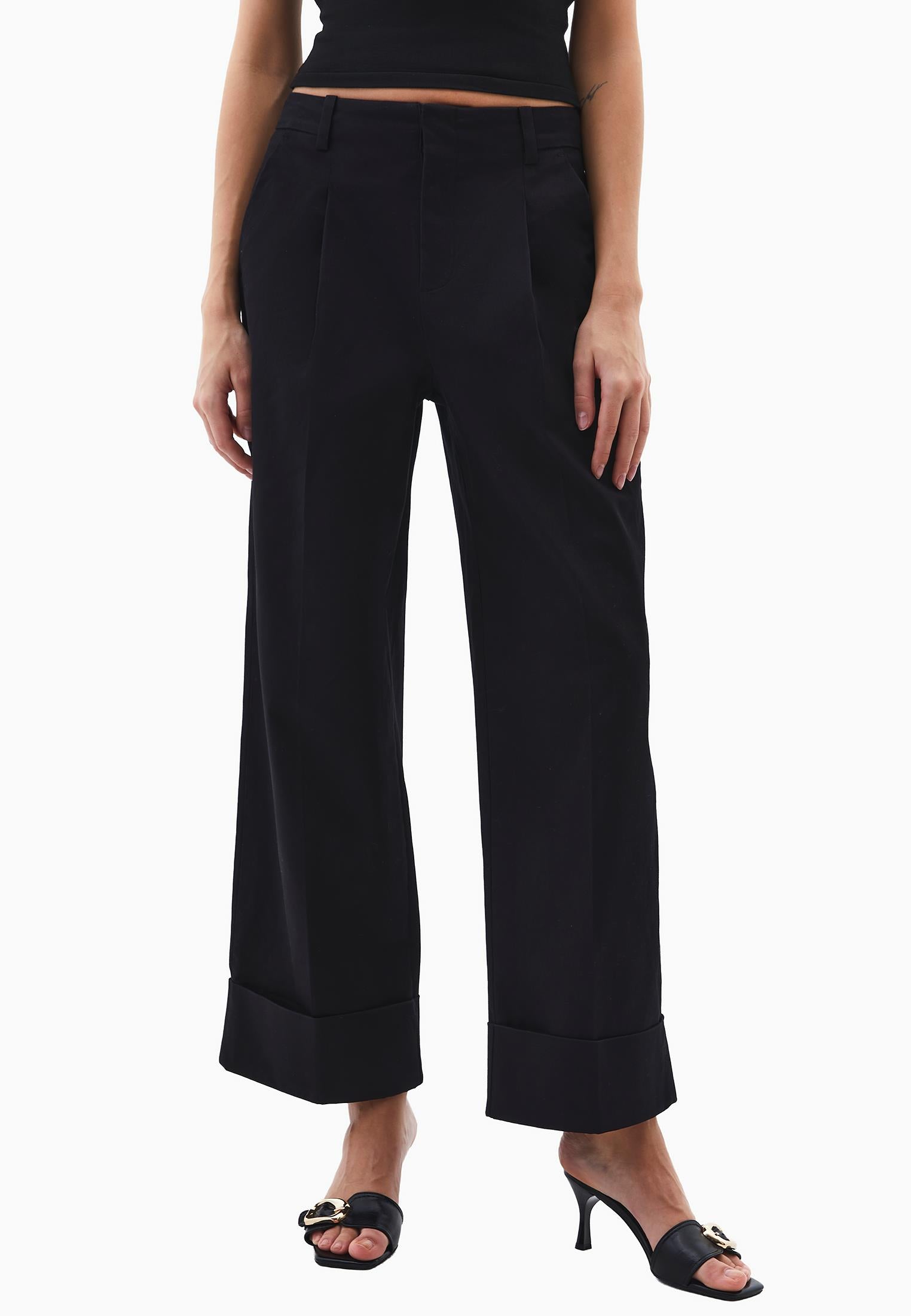 Pleated Ultra High Waist Straight Leg Women Pants - BLACK