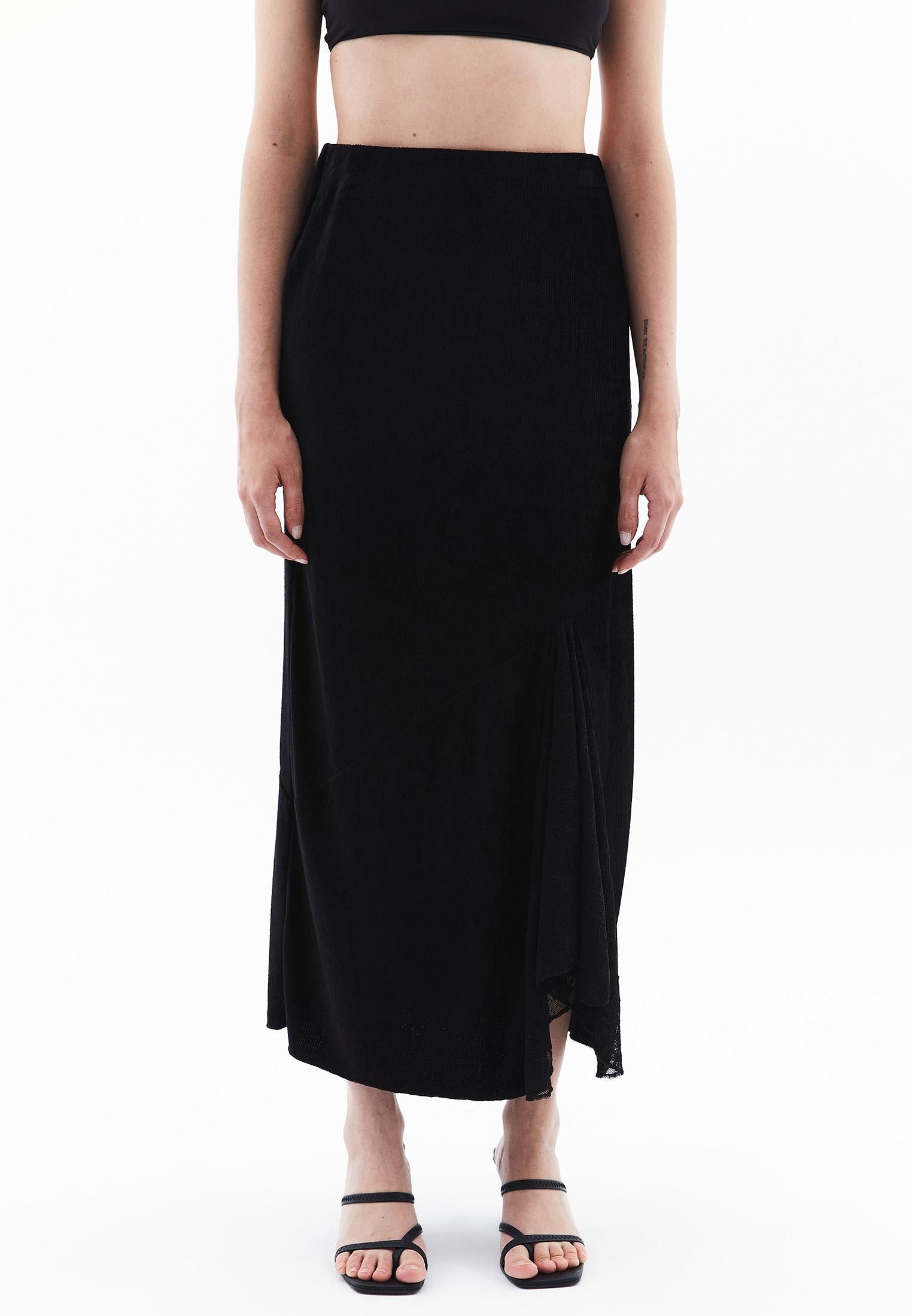 Long Elasticated Flared Skirt - BLACK