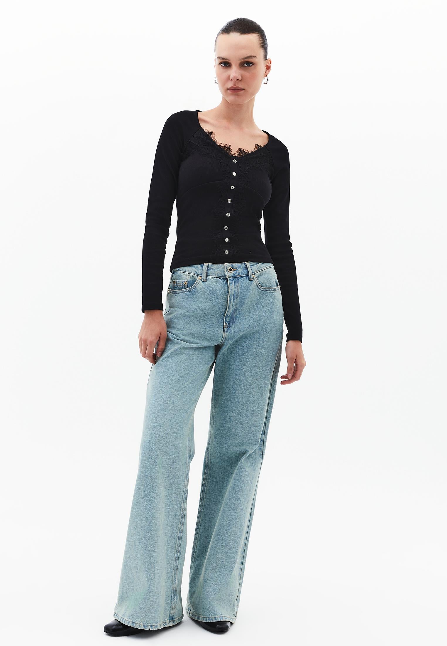 Ribbed Fabric Button Detailed V Neck Long Sleeve T-Shirt - BLACK