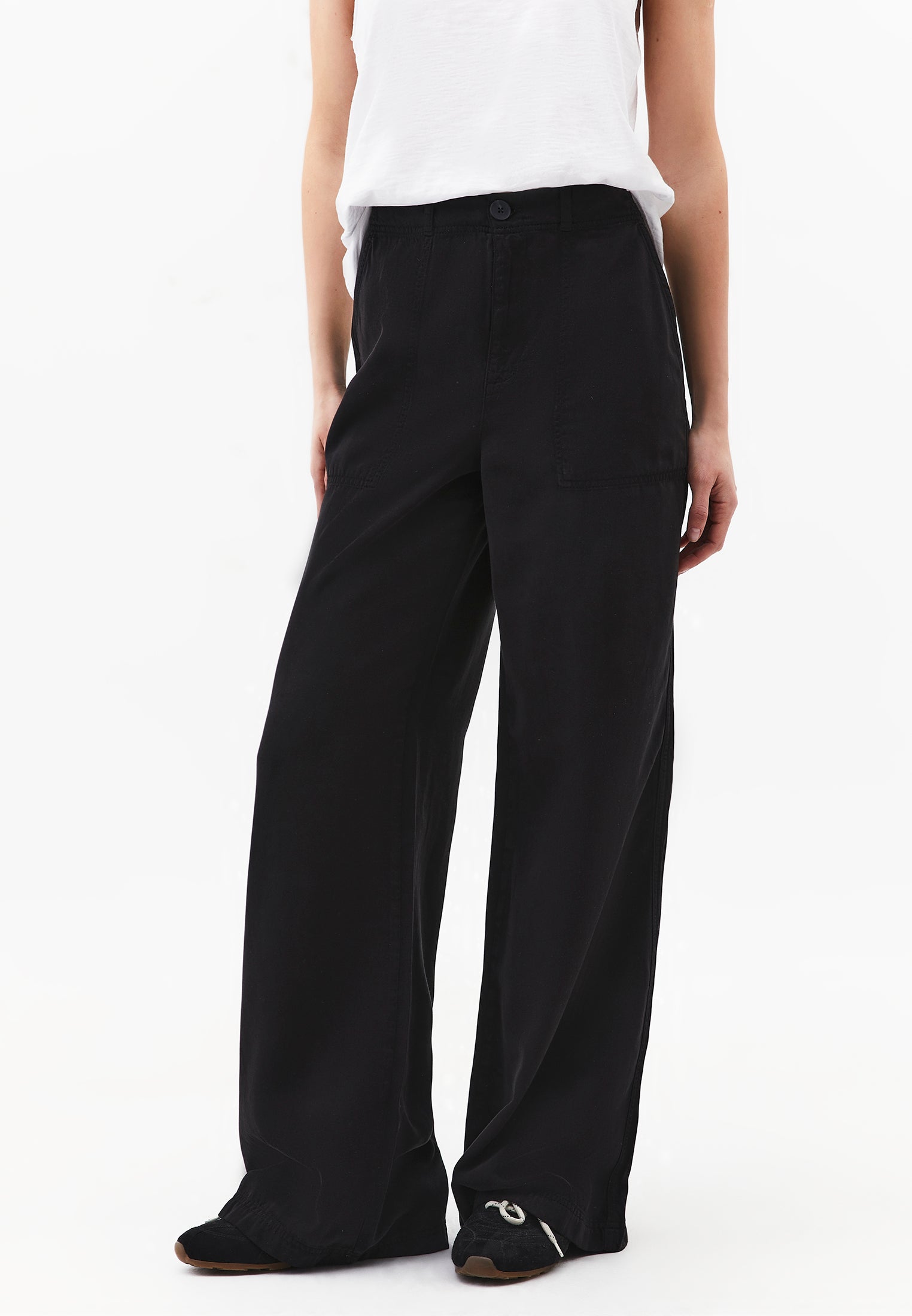 Woven Trousers With Pockets, High Waist And Wide Leg - BLACK
