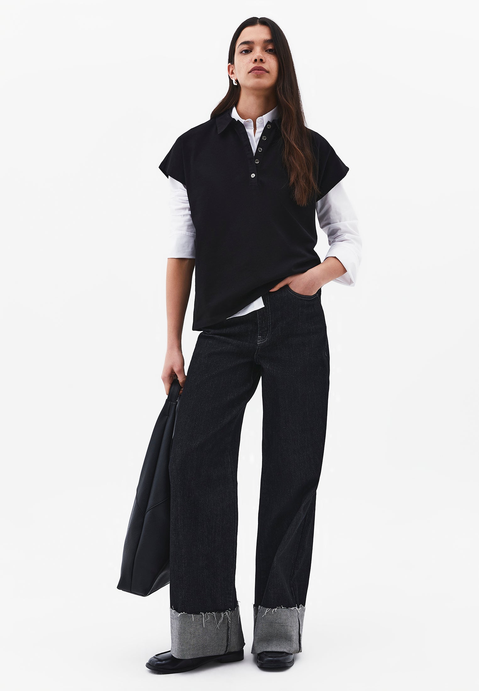 Button Detailed Polo Neck T-Shirt - BLACK