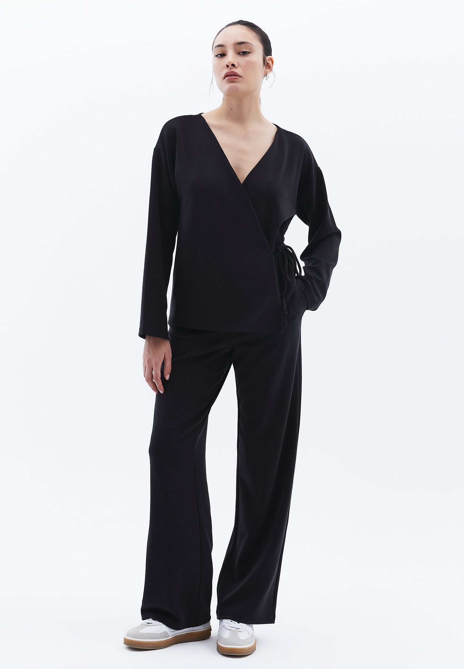 Long Cardigan With Wrap Neckline - BLACK