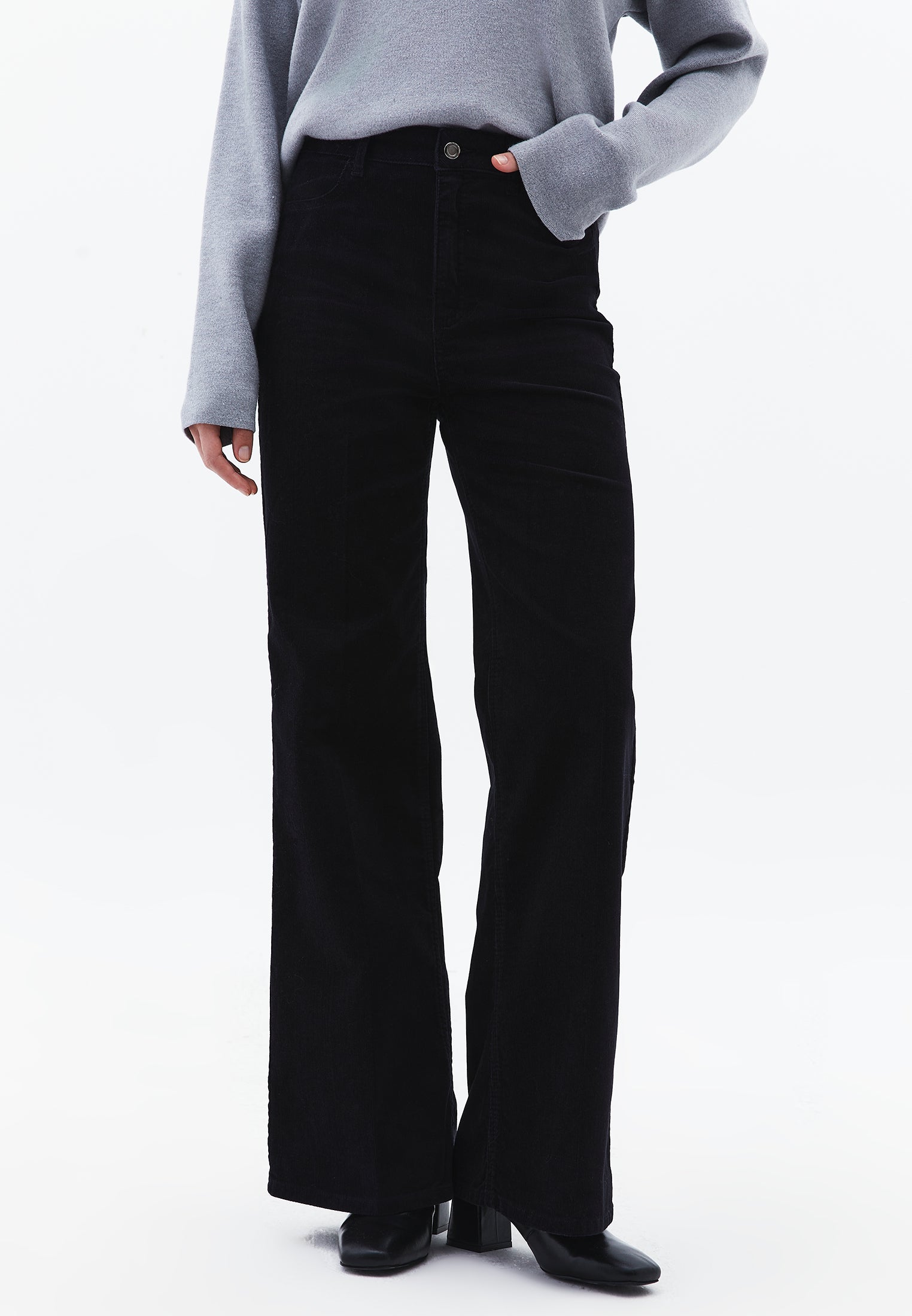 Corduroy Wide Leg Pants - BLACK