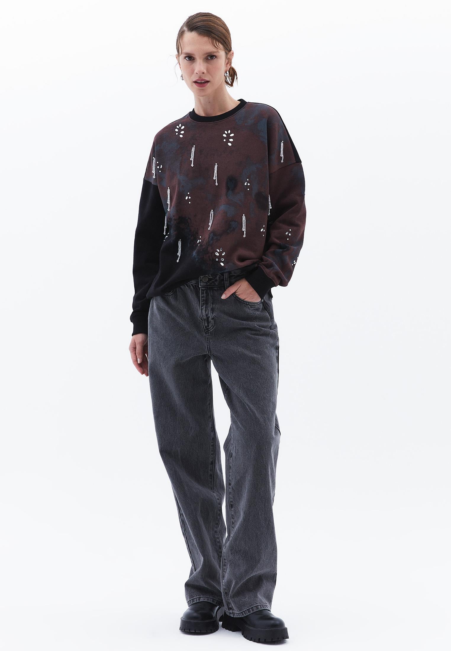 Beaded Printed Oversize Sweatshirt - BLACK