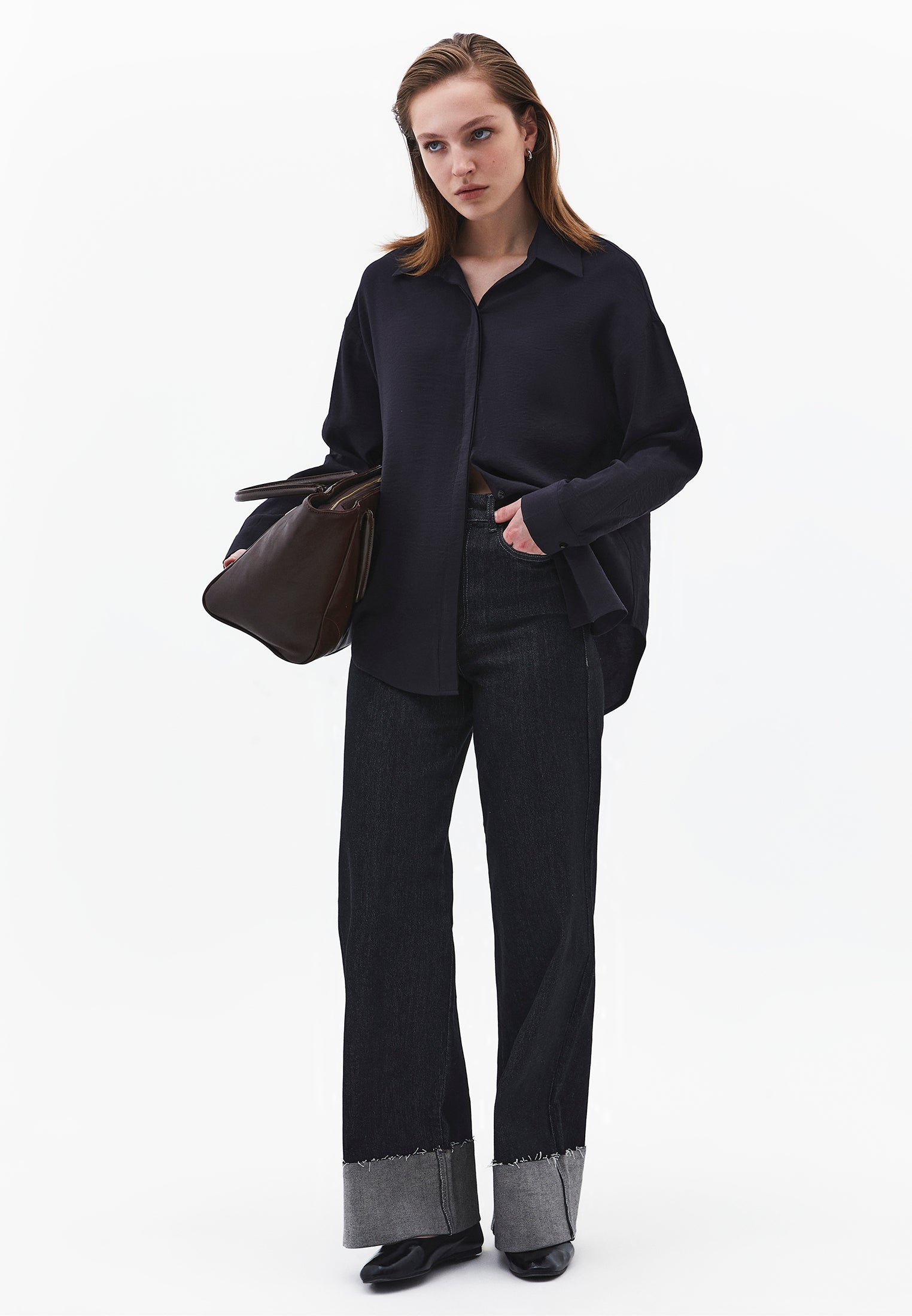 Oversize Long Sleeve Buttoned Shirt - BLACK