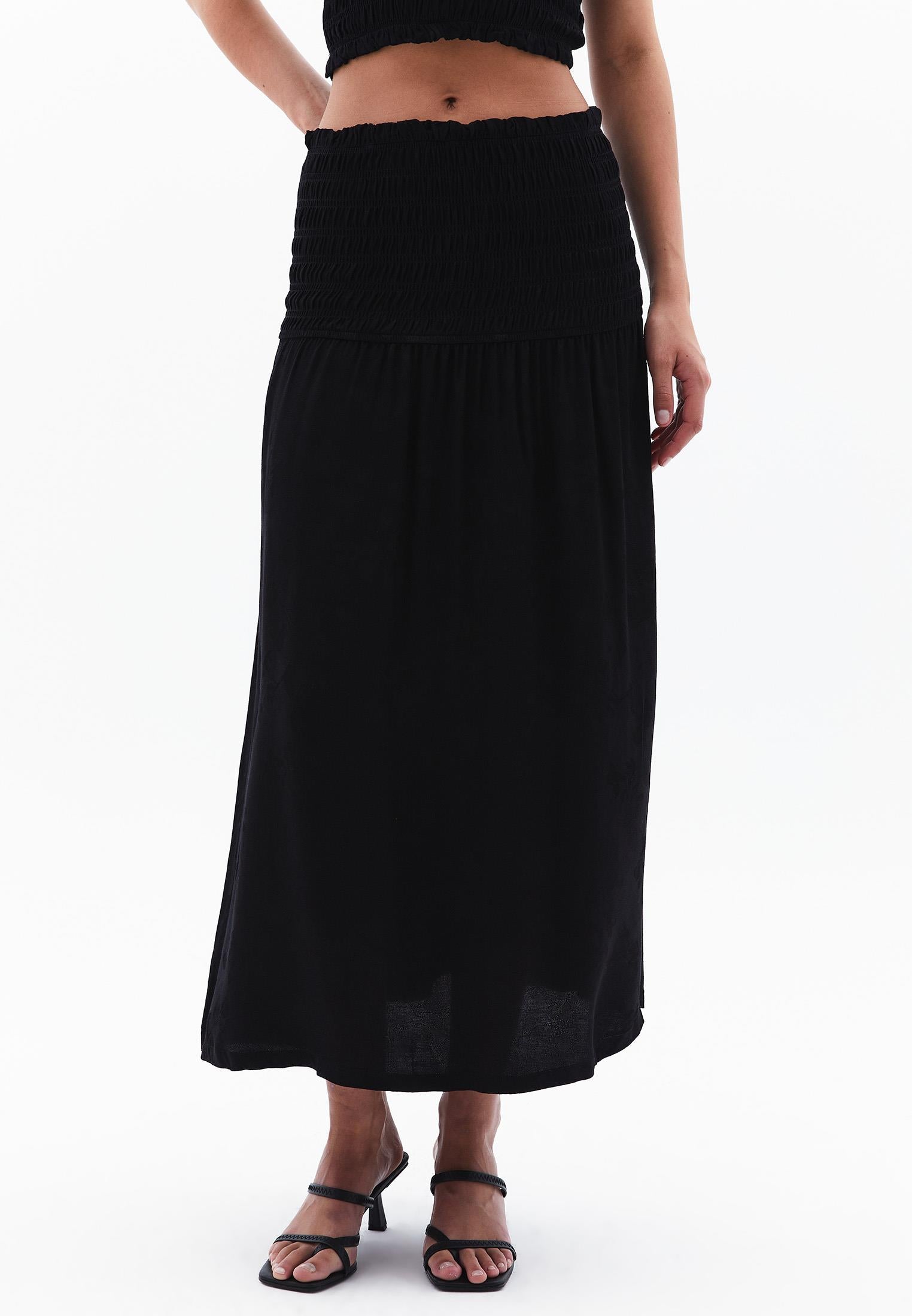 Flared Long High Waist Woven Skirt With Shirred Waist - BLACK