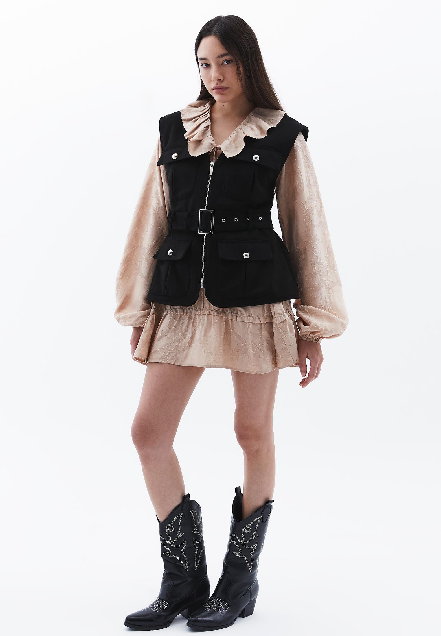 V Neck Belted Vest - BLACK