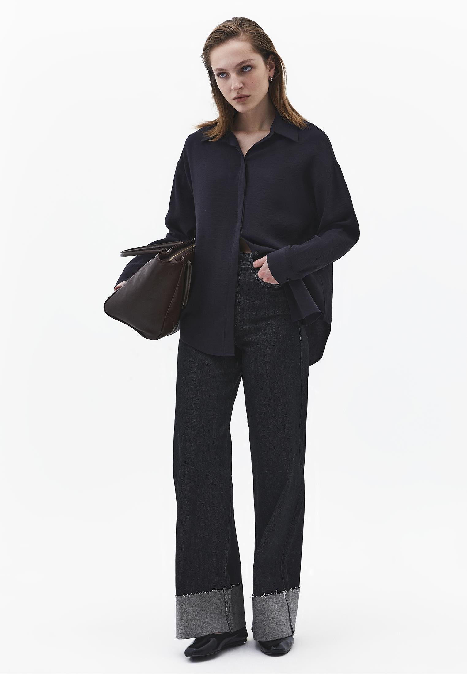Oversize Long Sleeve Buttoned Shirt - BLACK