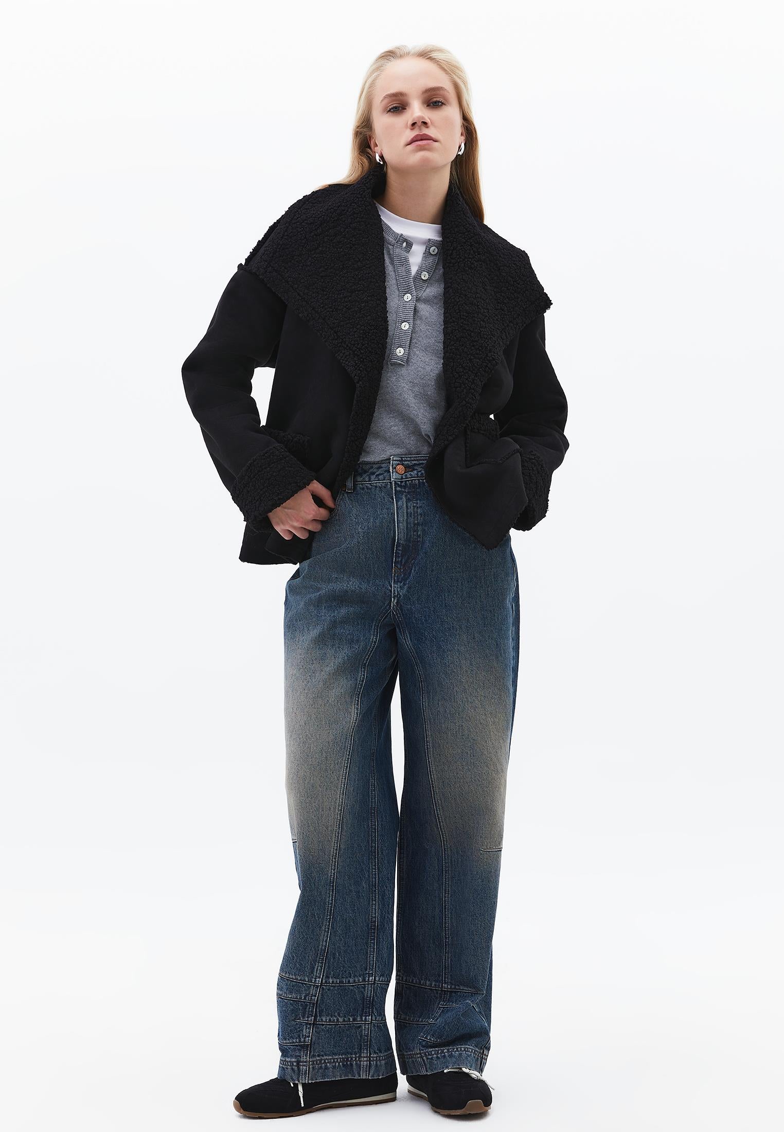 Shawl Collar Long Sleeve Bouclé Jacket - BLACK