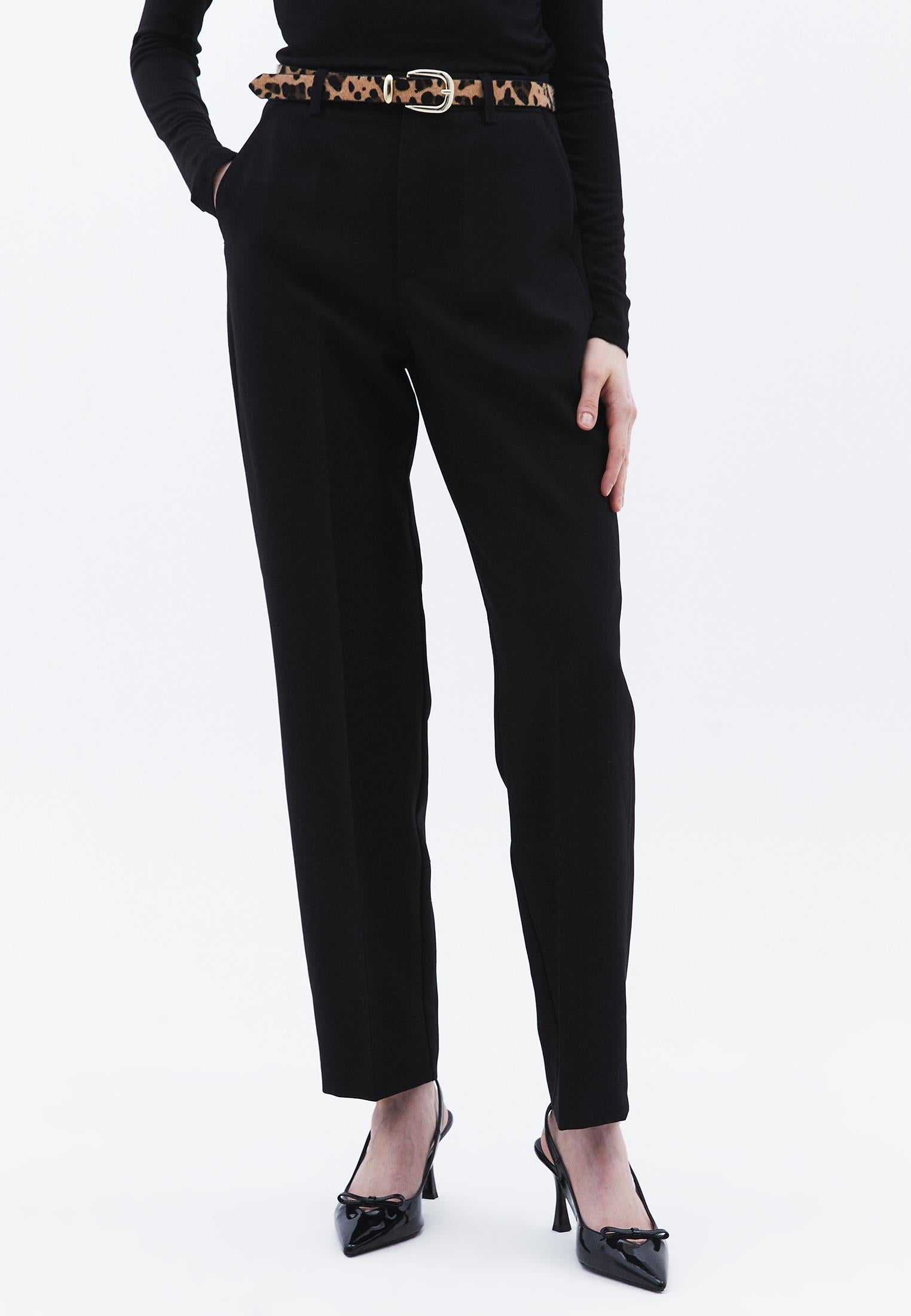 High Waist Long Slim Pants - BLACK