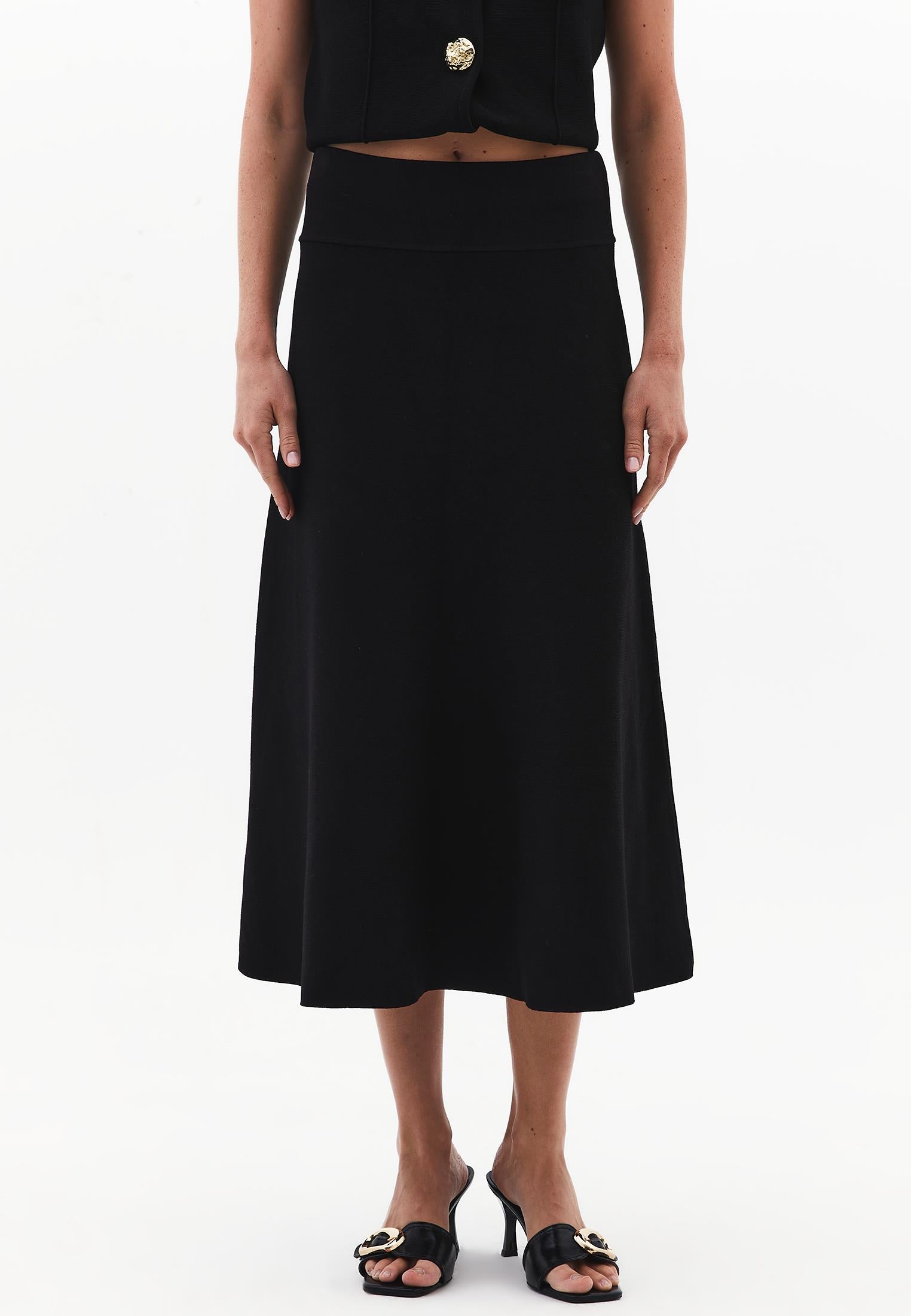 Long A-Line Skirt With Flounce Detail - BLACK