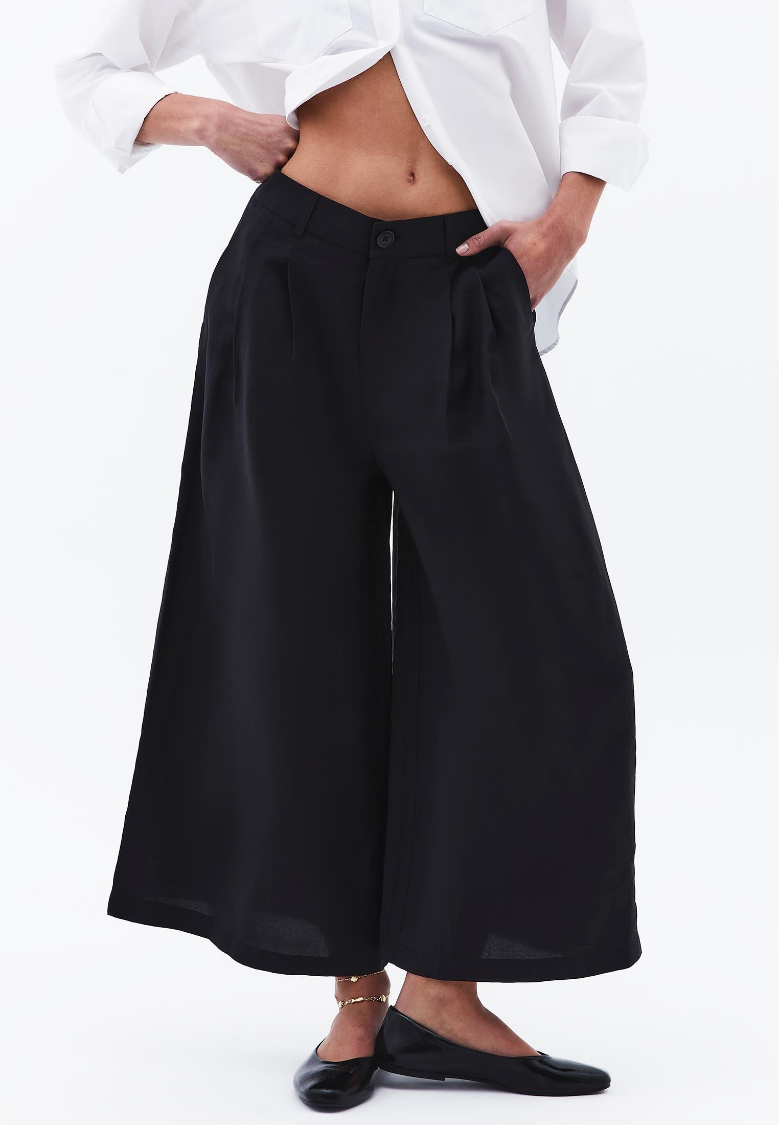 Cropped Culotte Trousers - BLACK
