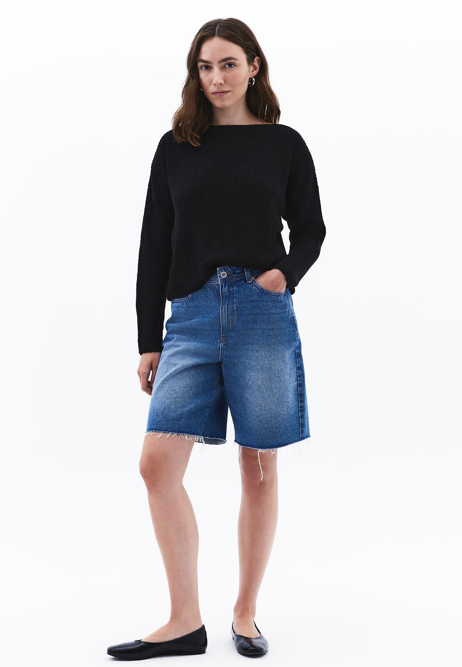 Boat Neck Long Sleeve Sweater - BLACK