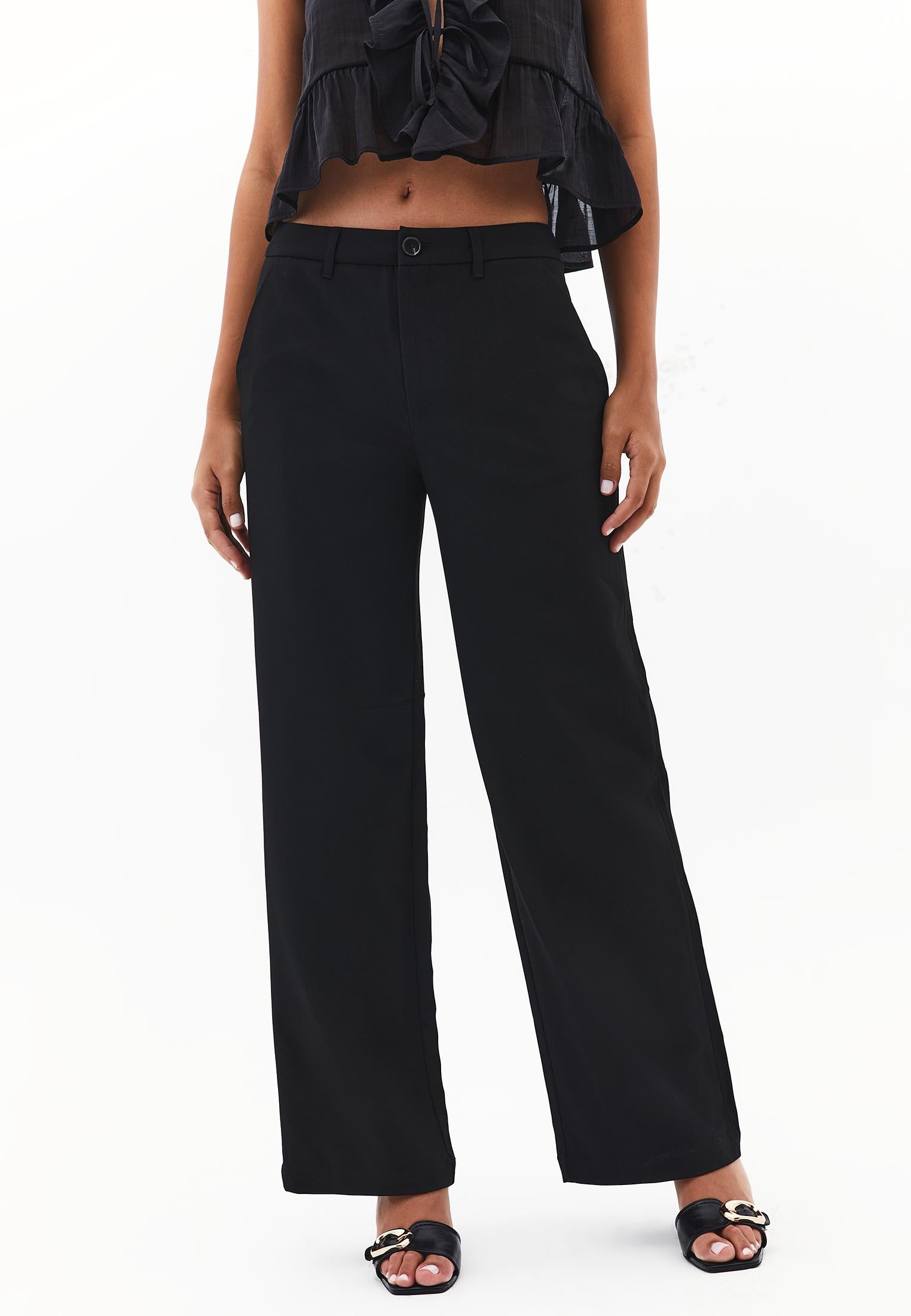 Straight Leg Buttoned Pants - BLACK