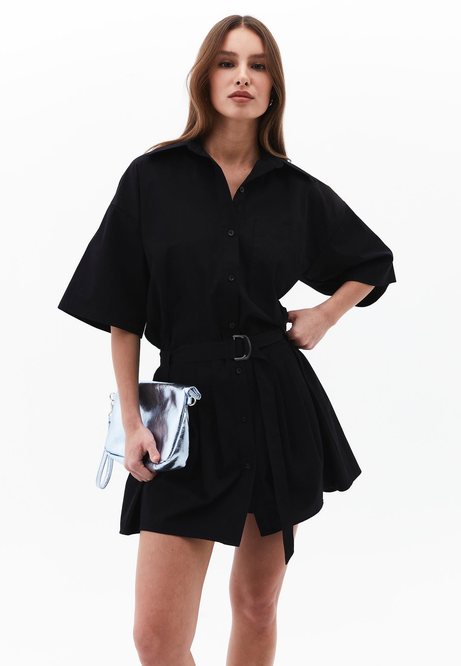 Oversize Short Shirt Collar Women Dress - BLACK