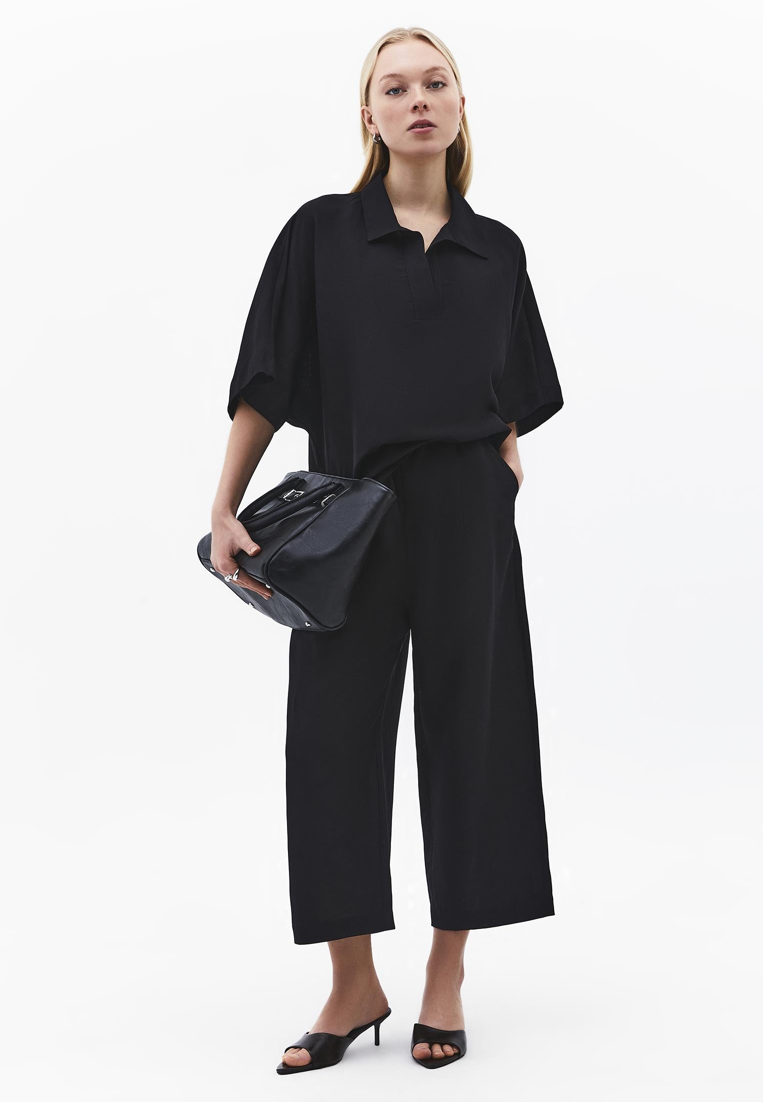 Polo Neck Batwing Sleeve Oversize Blouse - BLACK