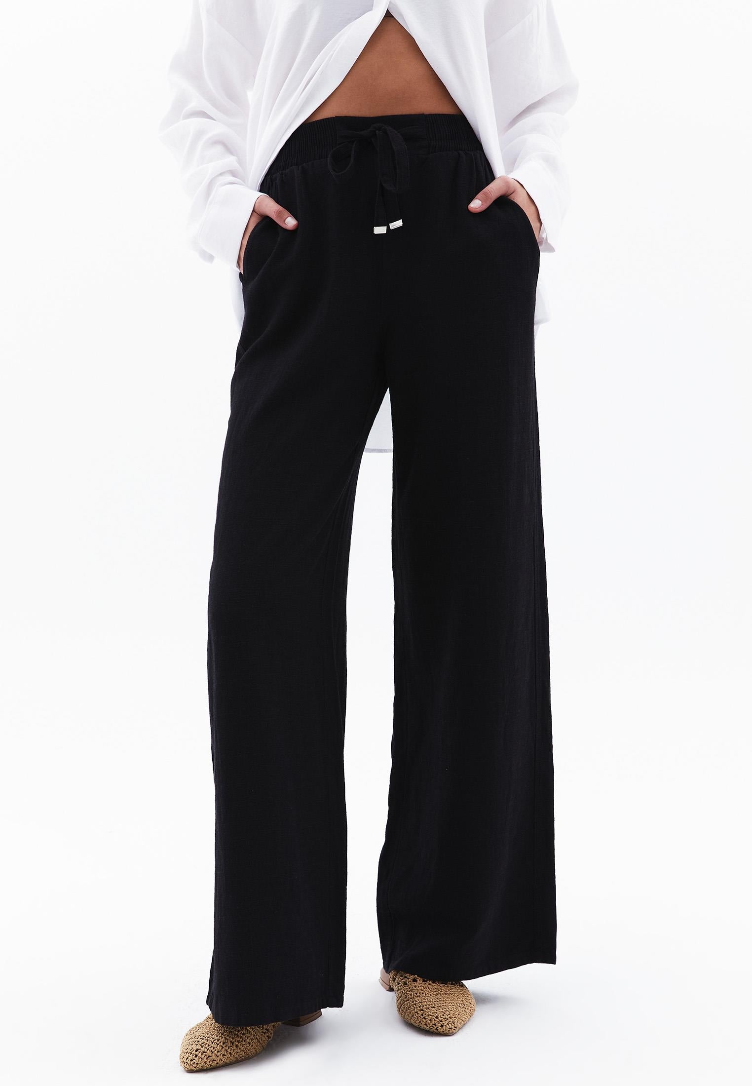 High Waist Wide Leg Elastic Waist Pants - BLACK