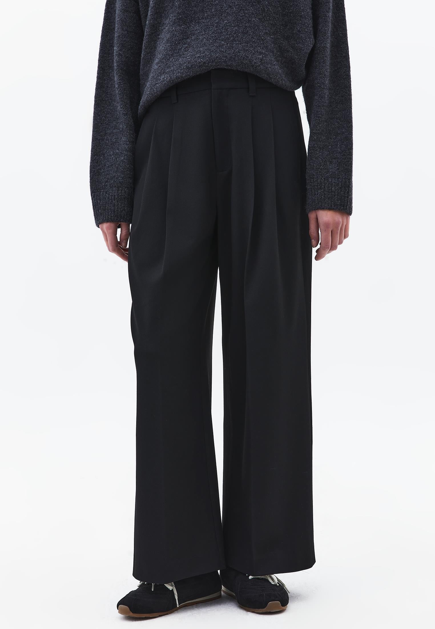 Wide Leg High Waist Pants - BLACK