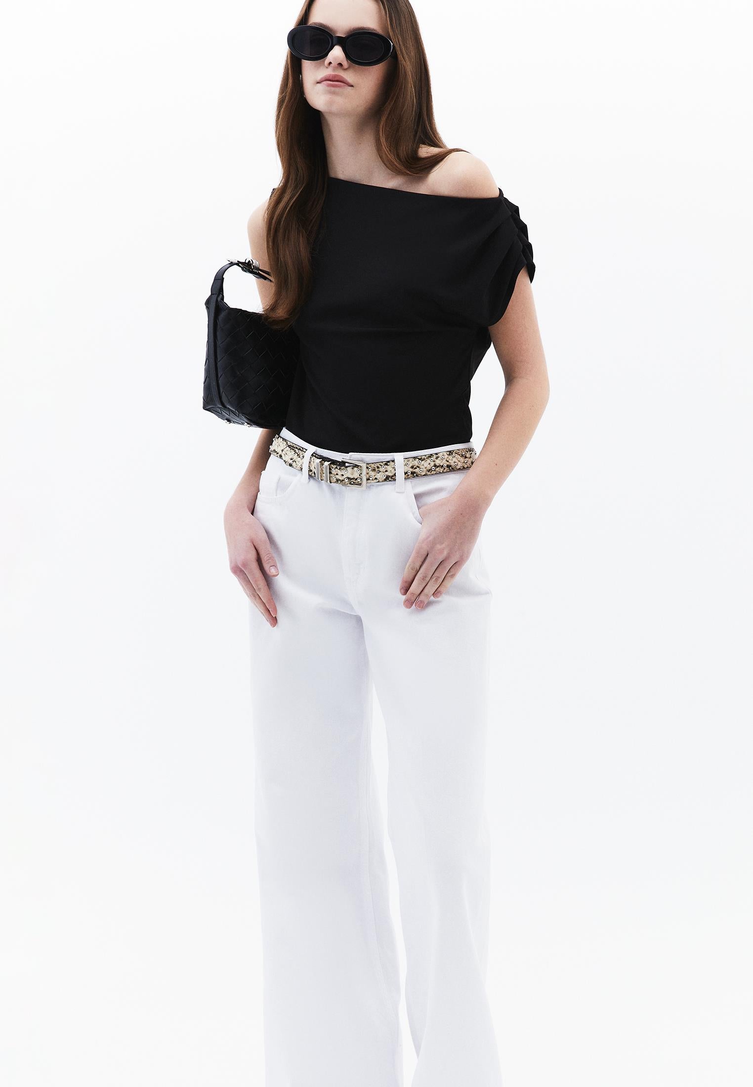 Boat Neck Short Sleeve Blouse - BLACK