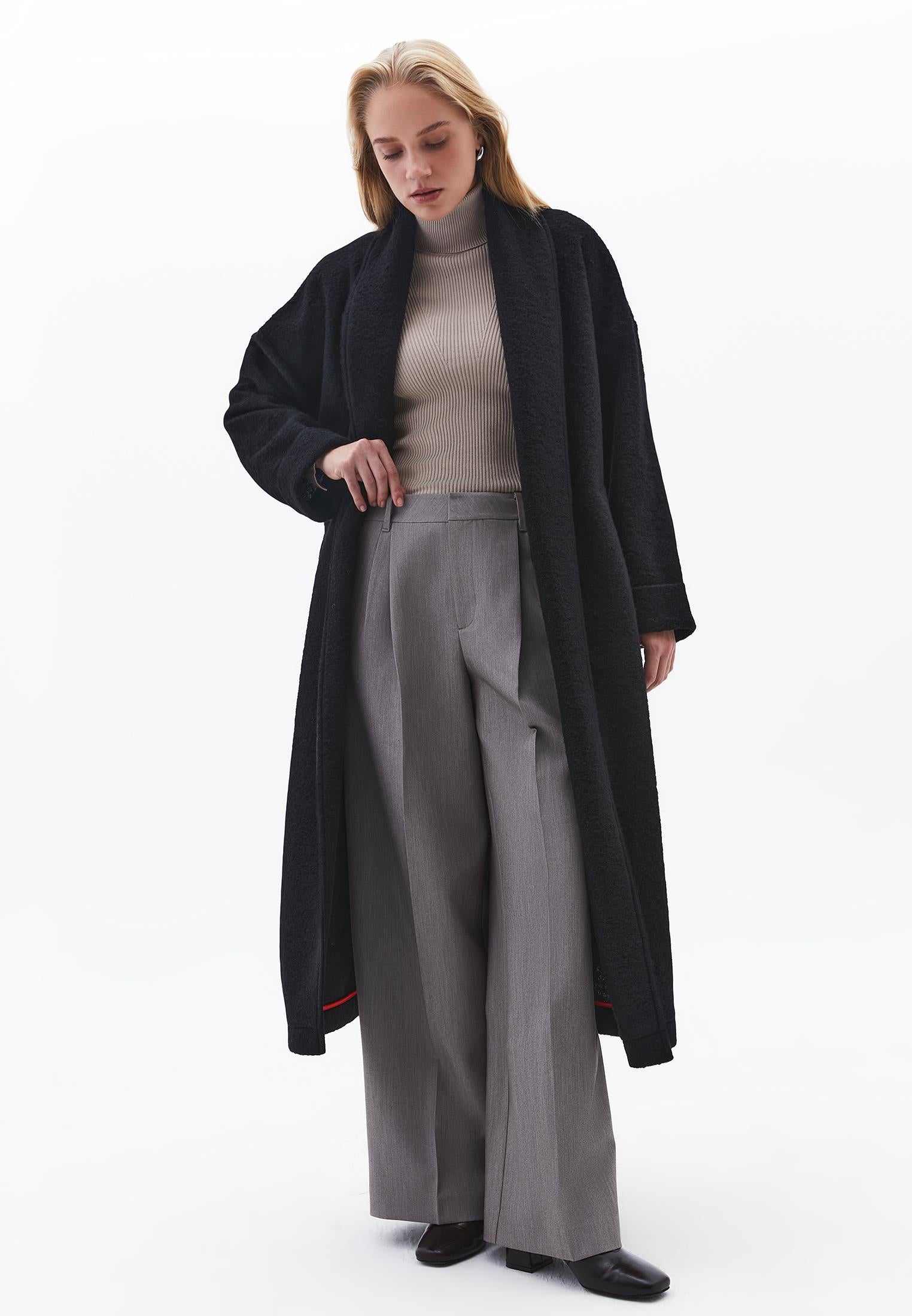 Long Coat With Shawl Collar And Belt Detail - BLACK