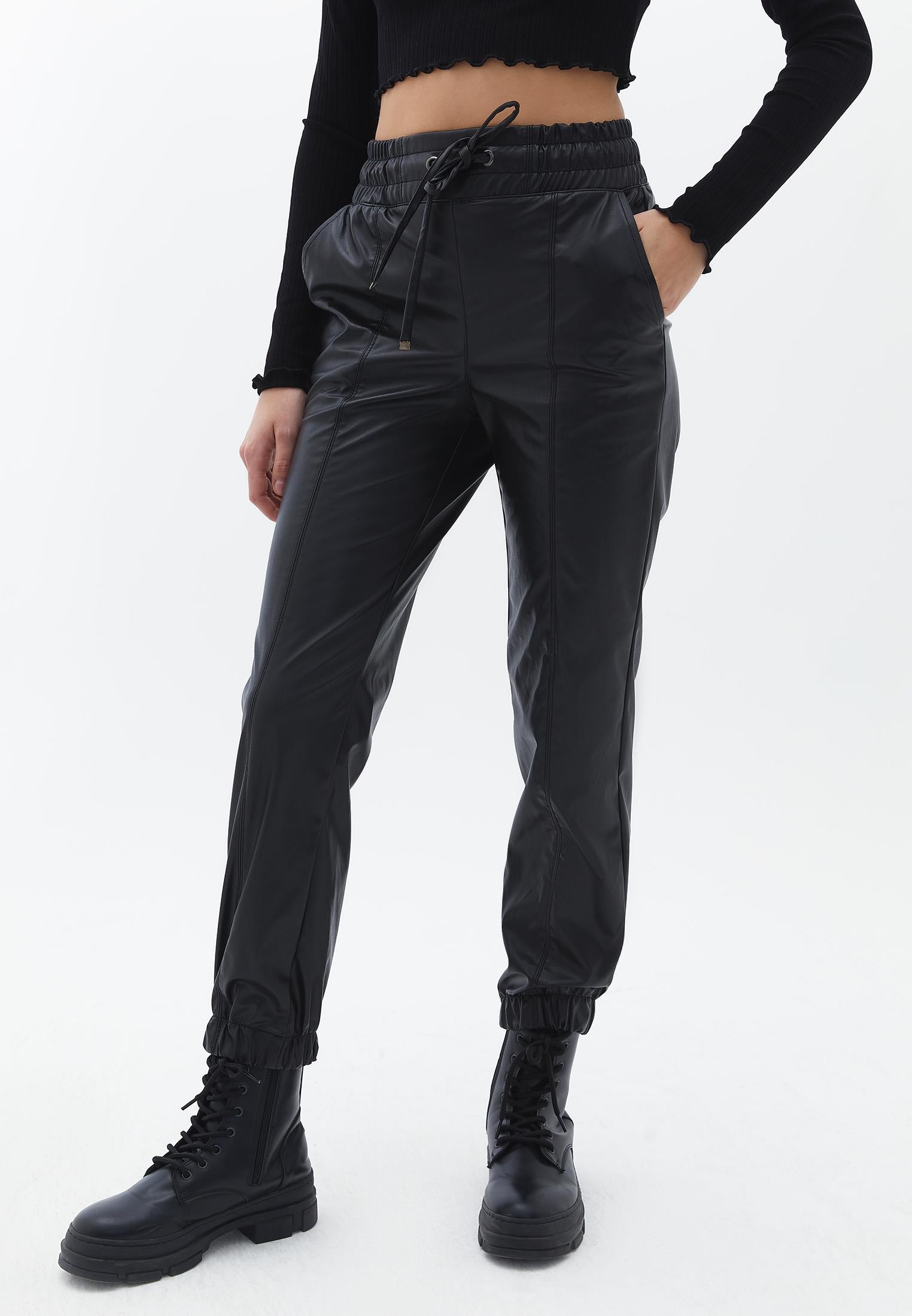 High Waist Cut Jogger Pants - BLACK