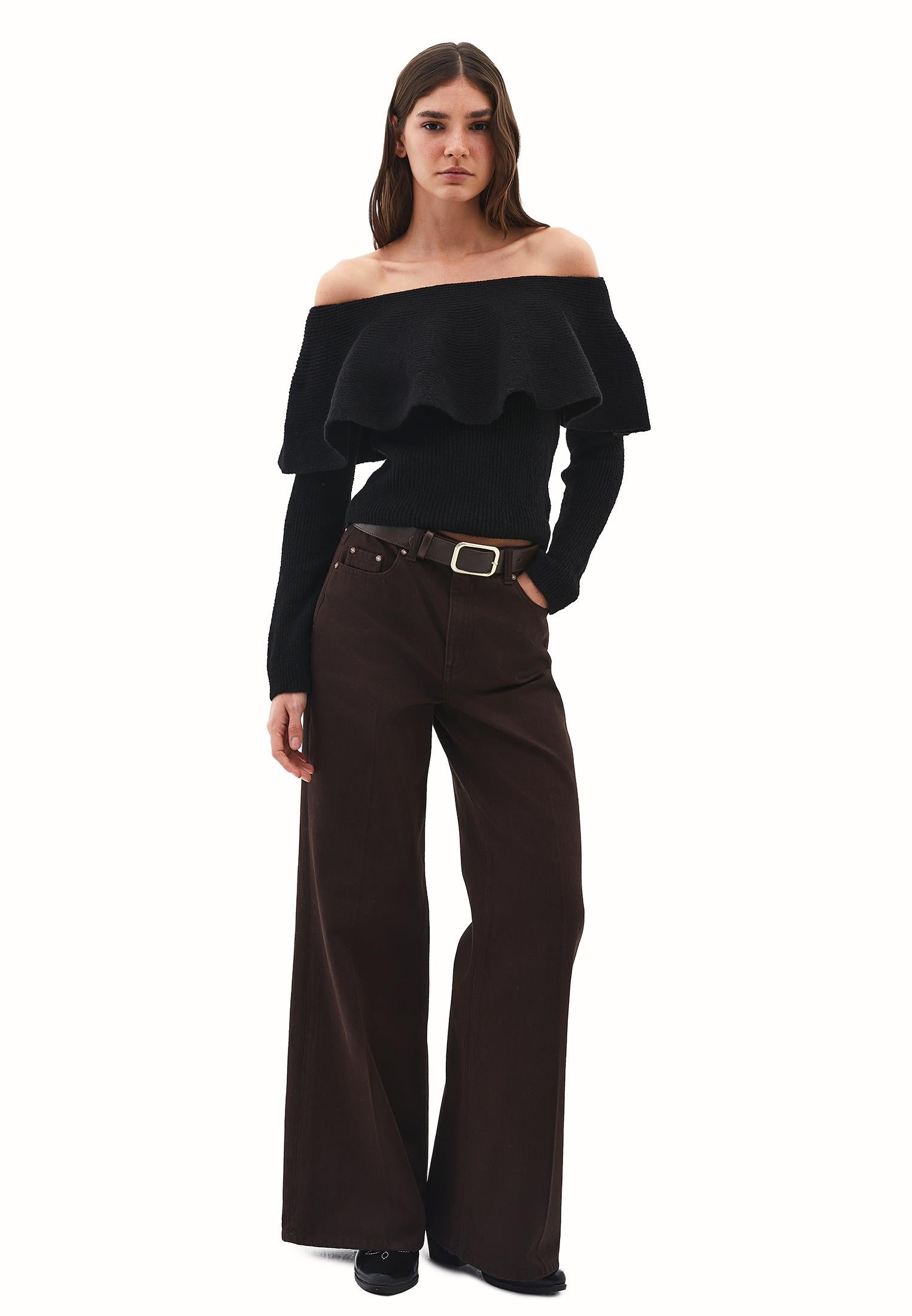 Dropped Shoulder Knit Sweater - BLACK