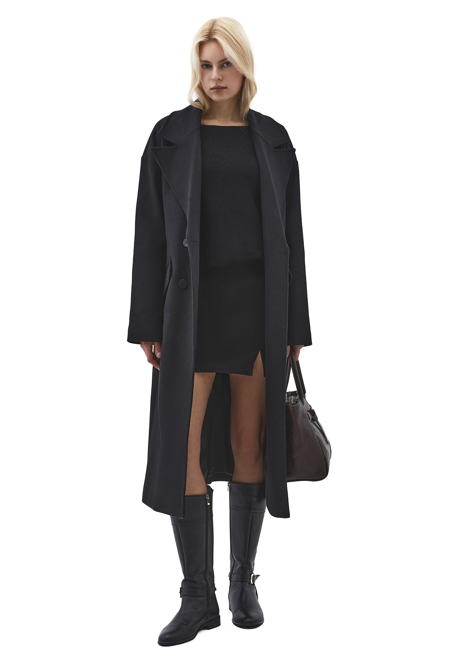 Boat Neck Long Sleeve Sweater - BLACK