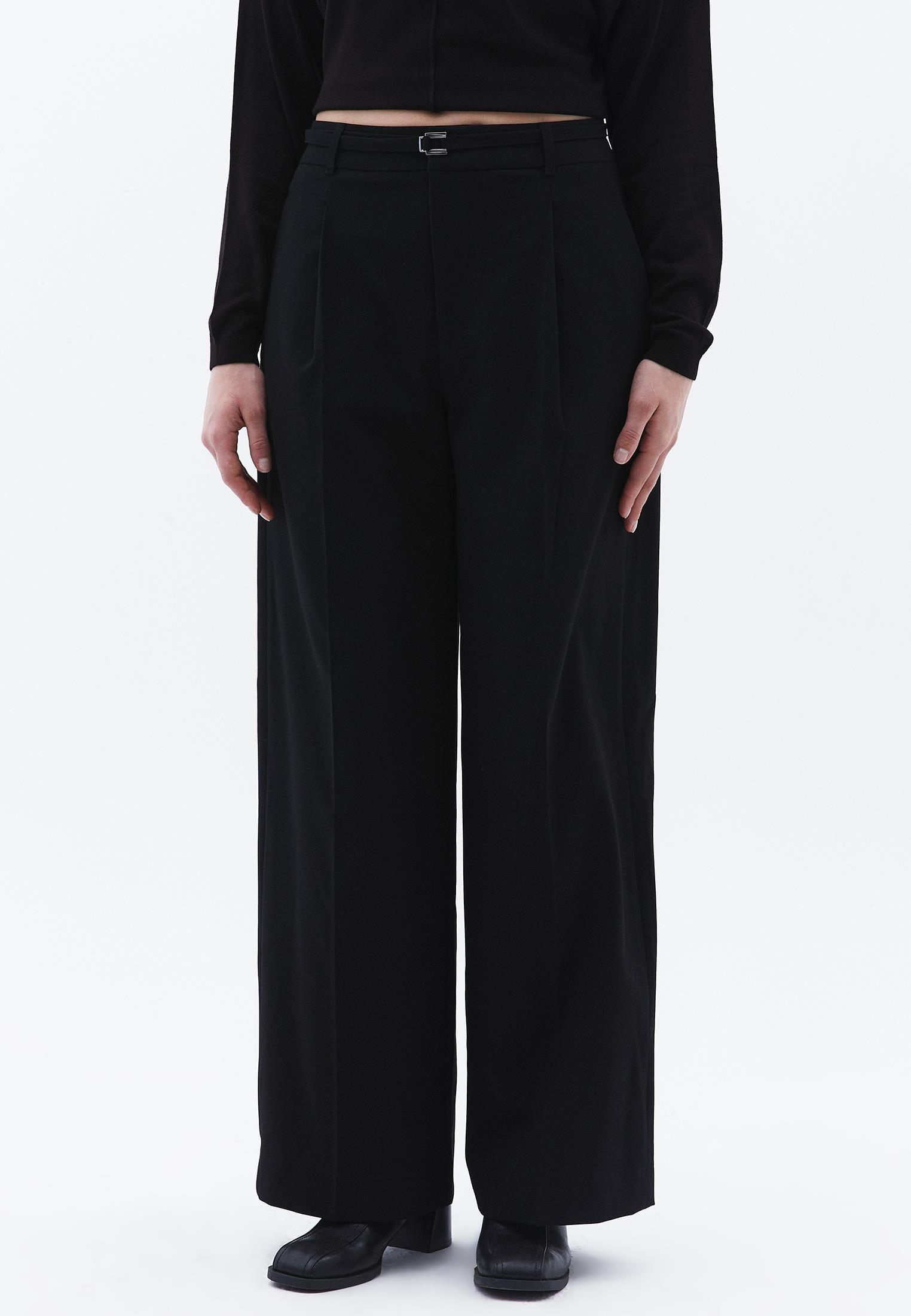 Straight Pants With Belt Detail - BLACK