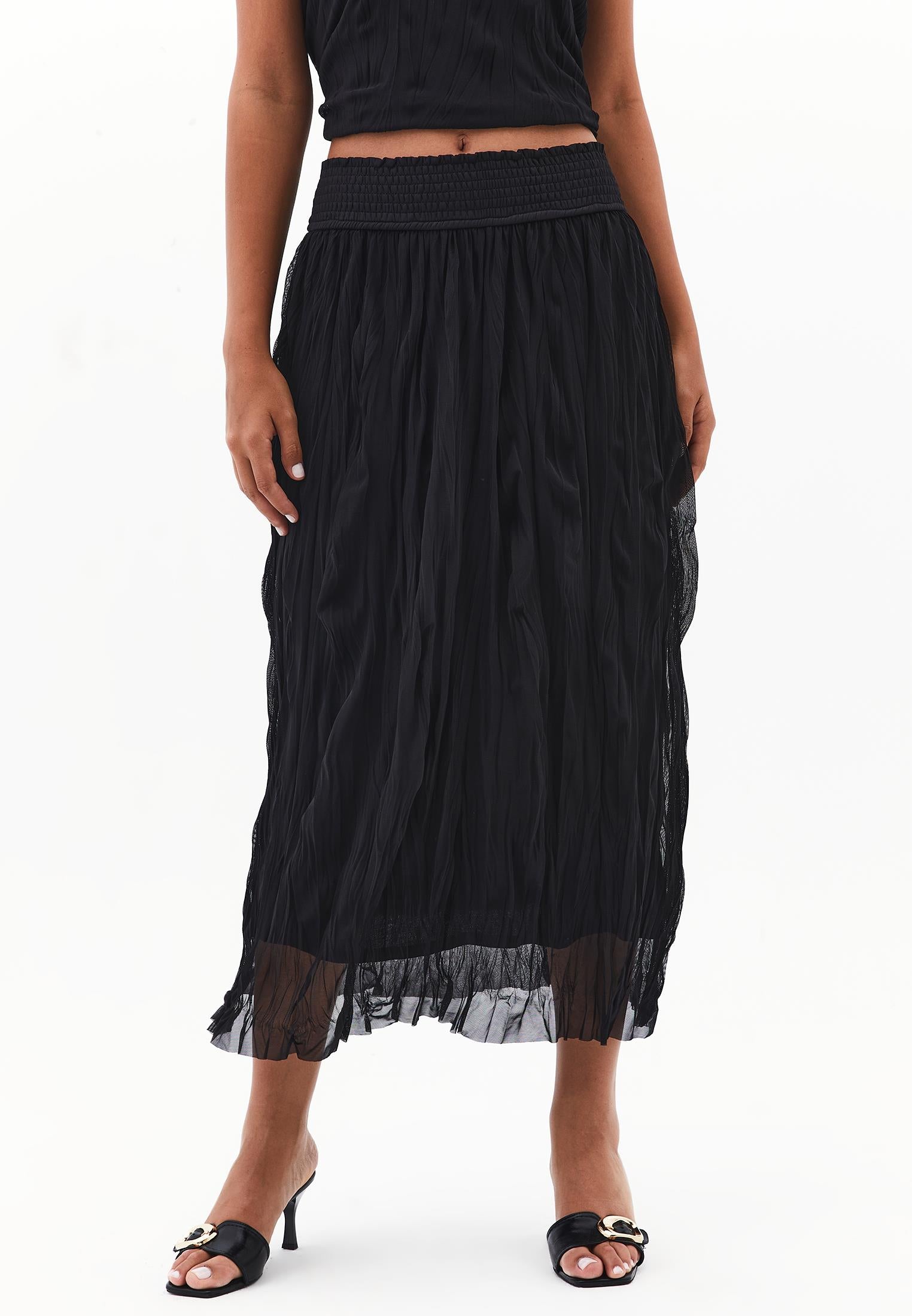 Wrinkled Look Midi Skirt - BLACK