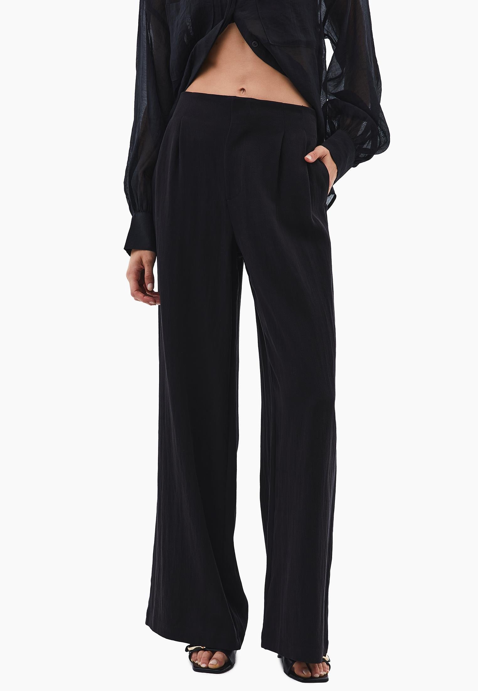 Ultra High Waist Wide Leg Pleated Pants - BLACK