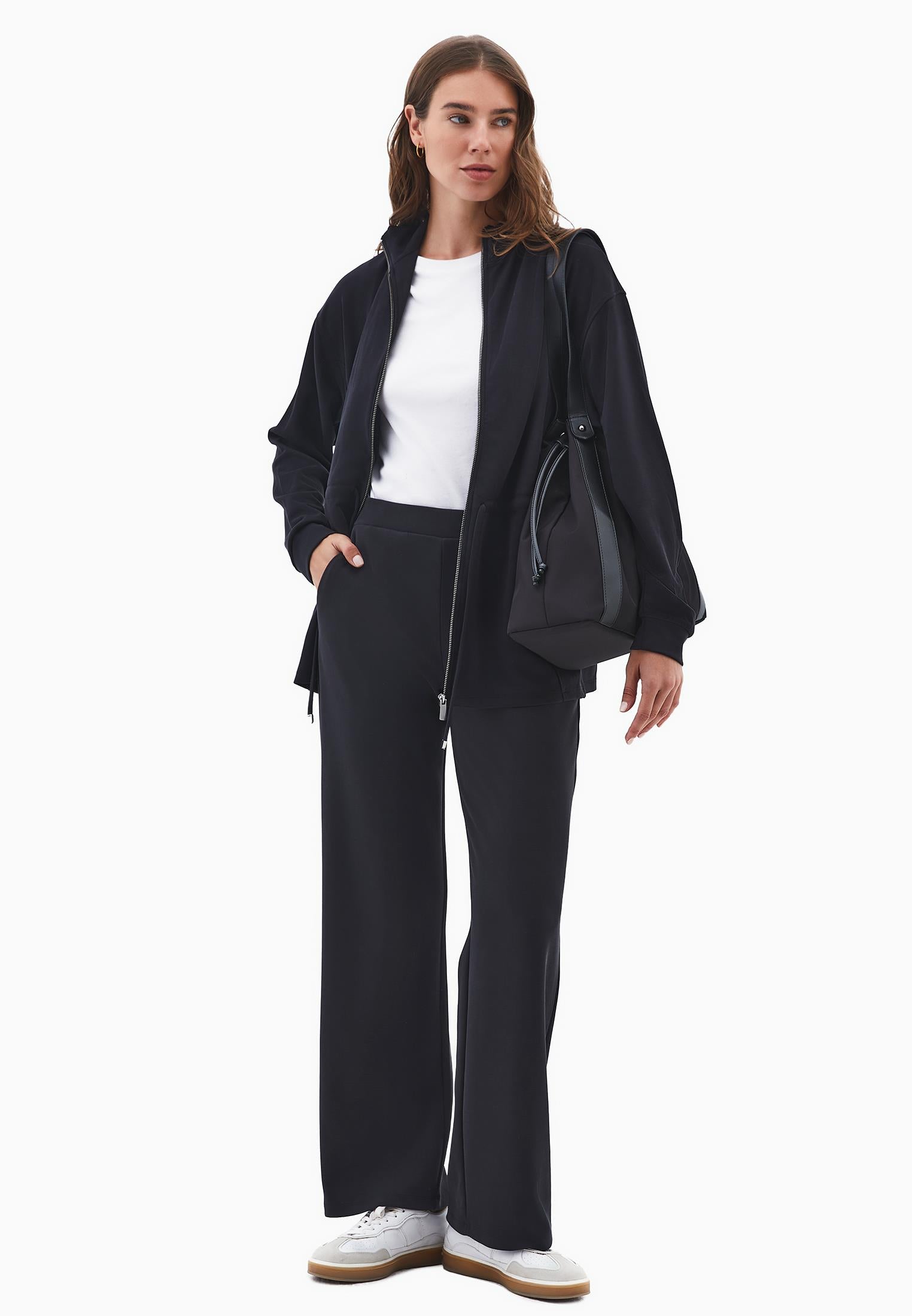 High Neck Zipper Detailed Long Sleeve Sweatshirt Tunic - BLACK