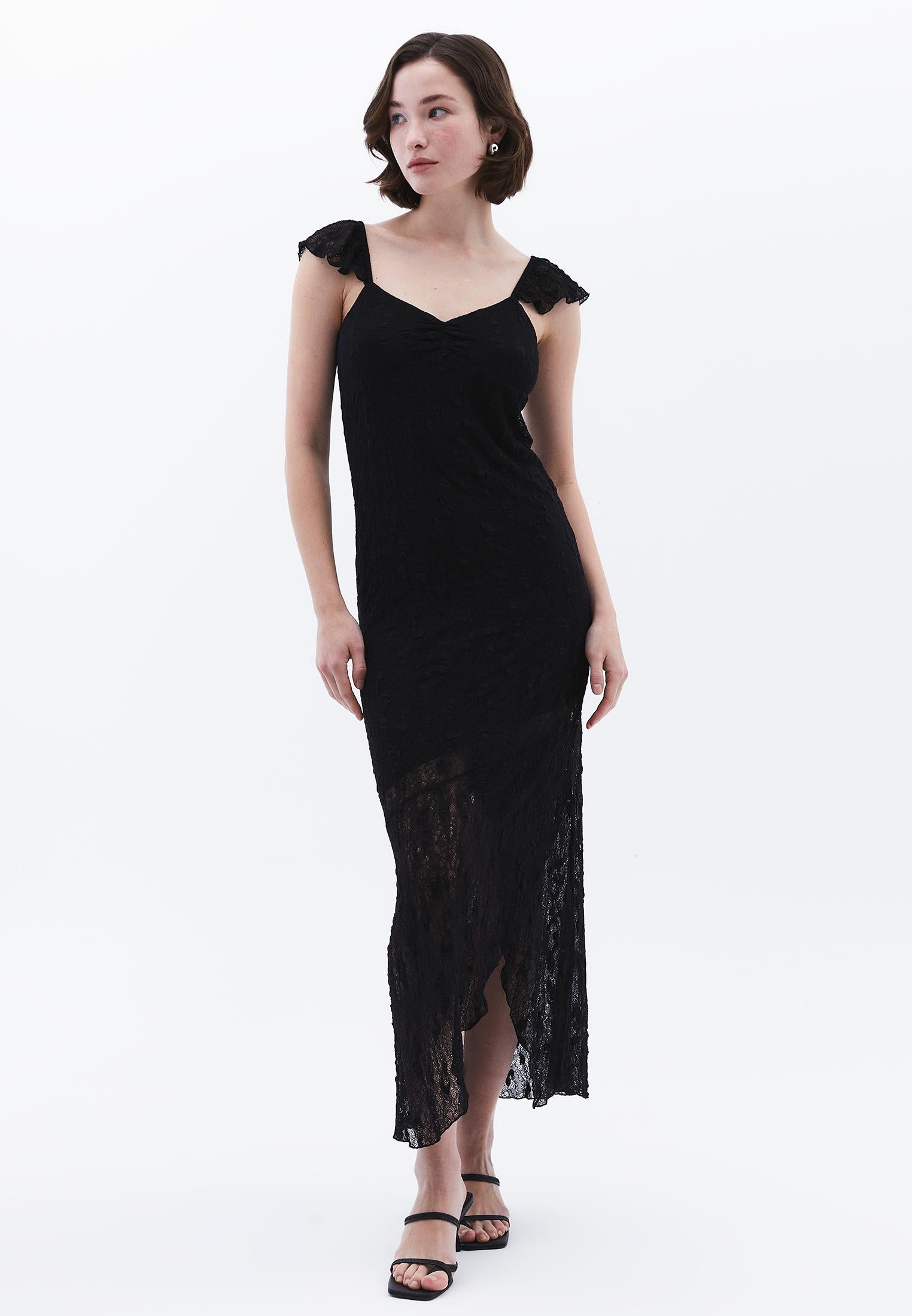 V Neck Long Maxi Dress - BLACK