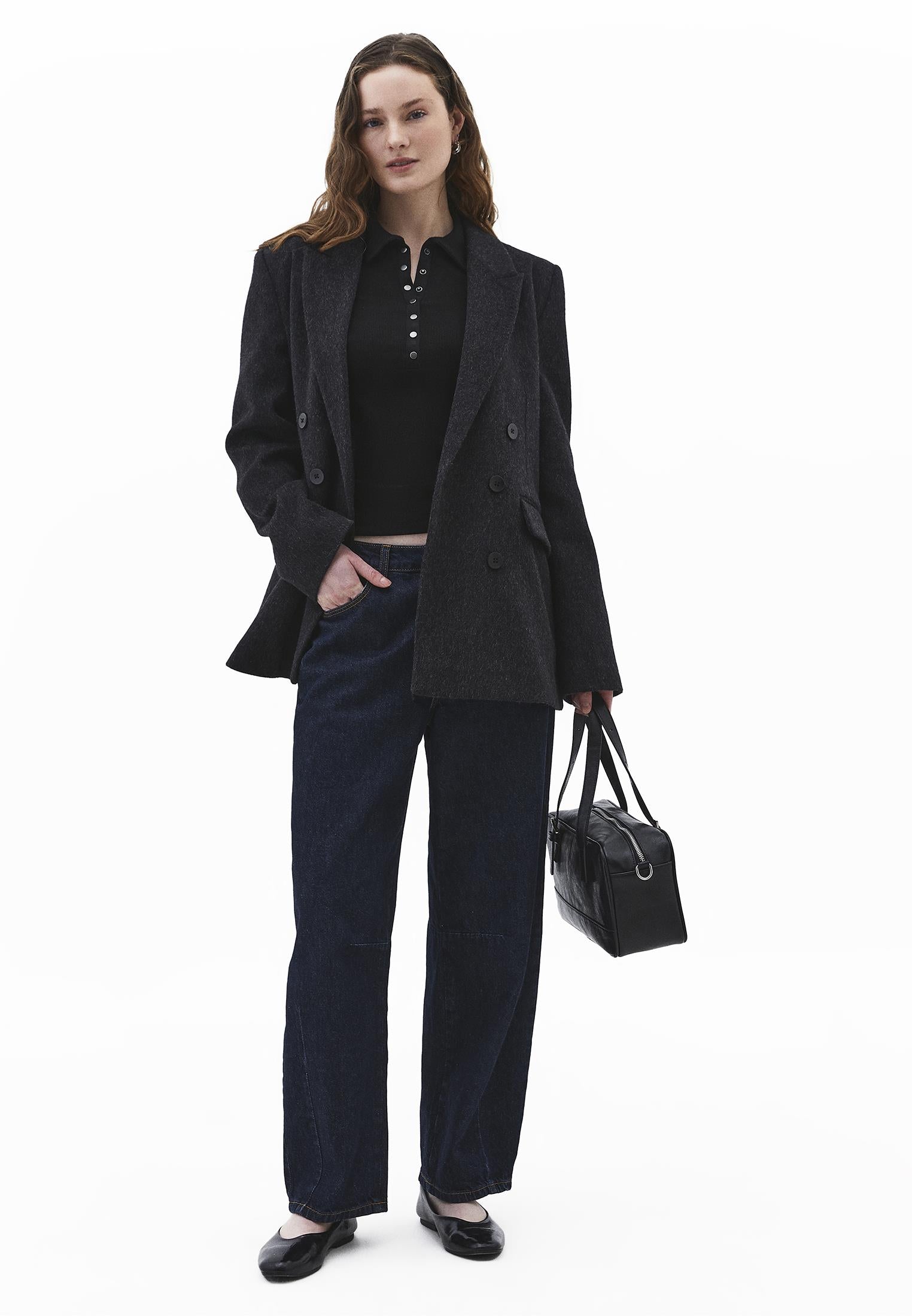 Polo Collar Long Sleeve Bodycon T-Shirt - BLACK