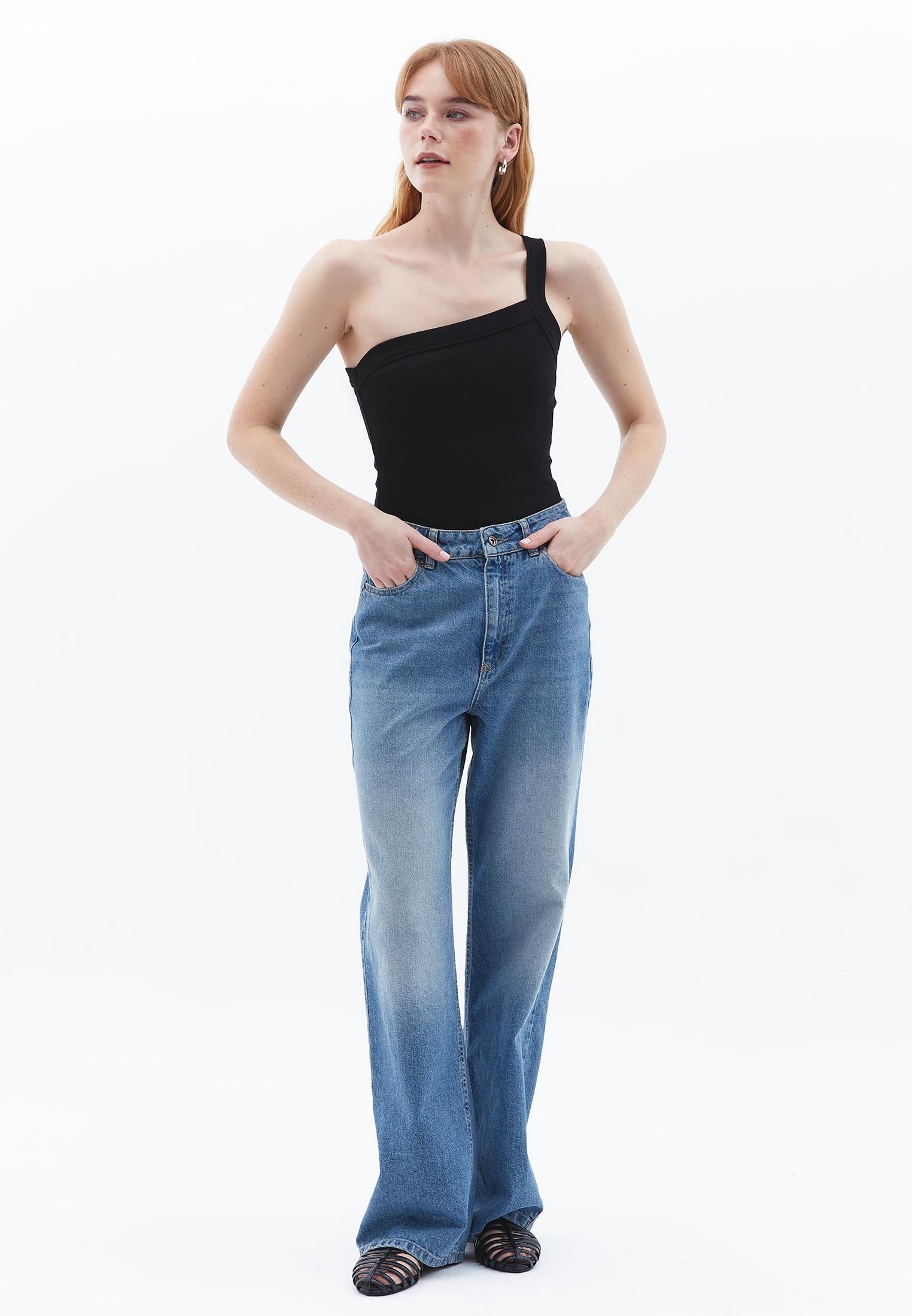 One Shoulder Asymmetric Tank Top - BLACK