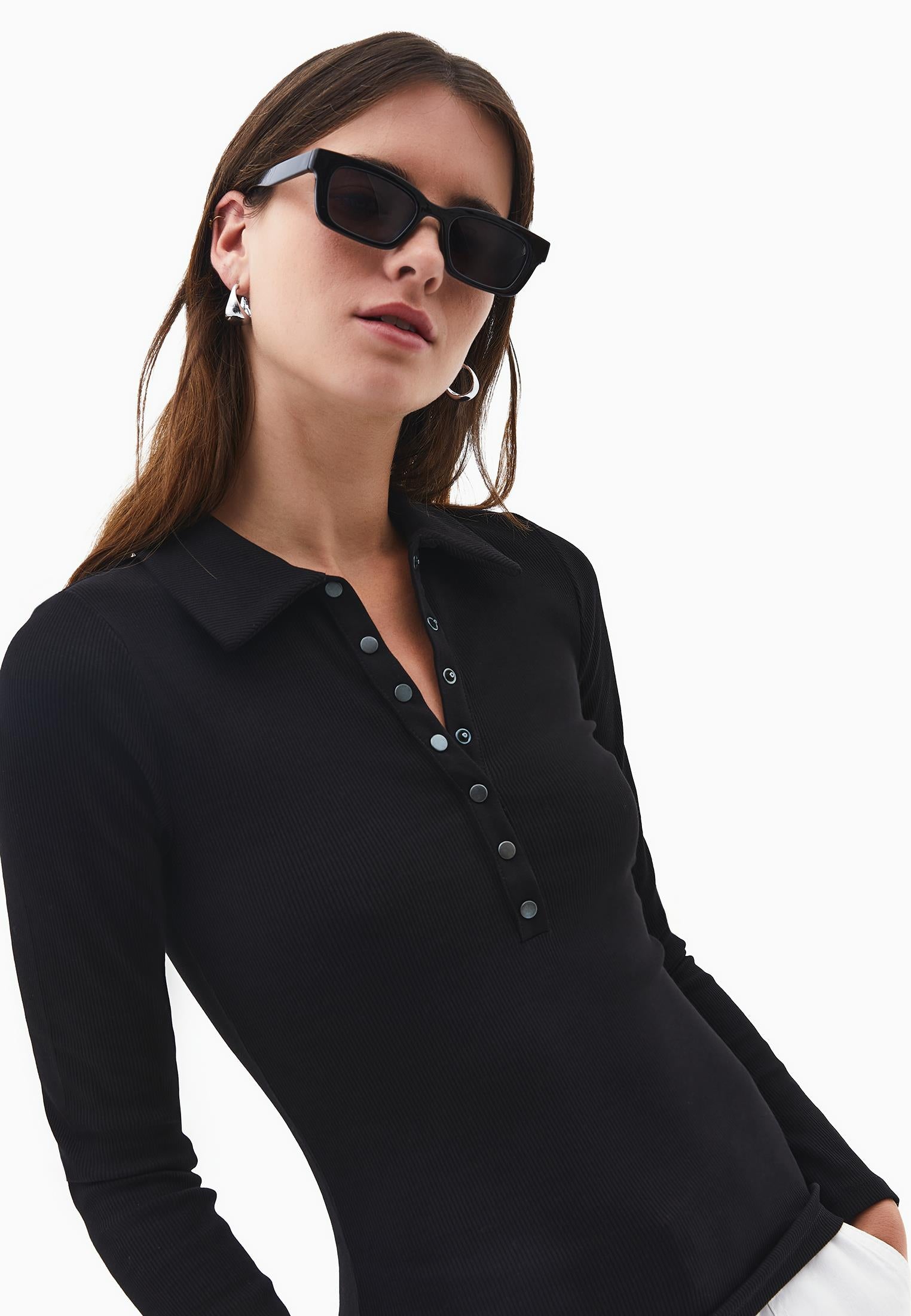 Polo Collar Long Sleeve Bodycon T-Shirt - BLACK