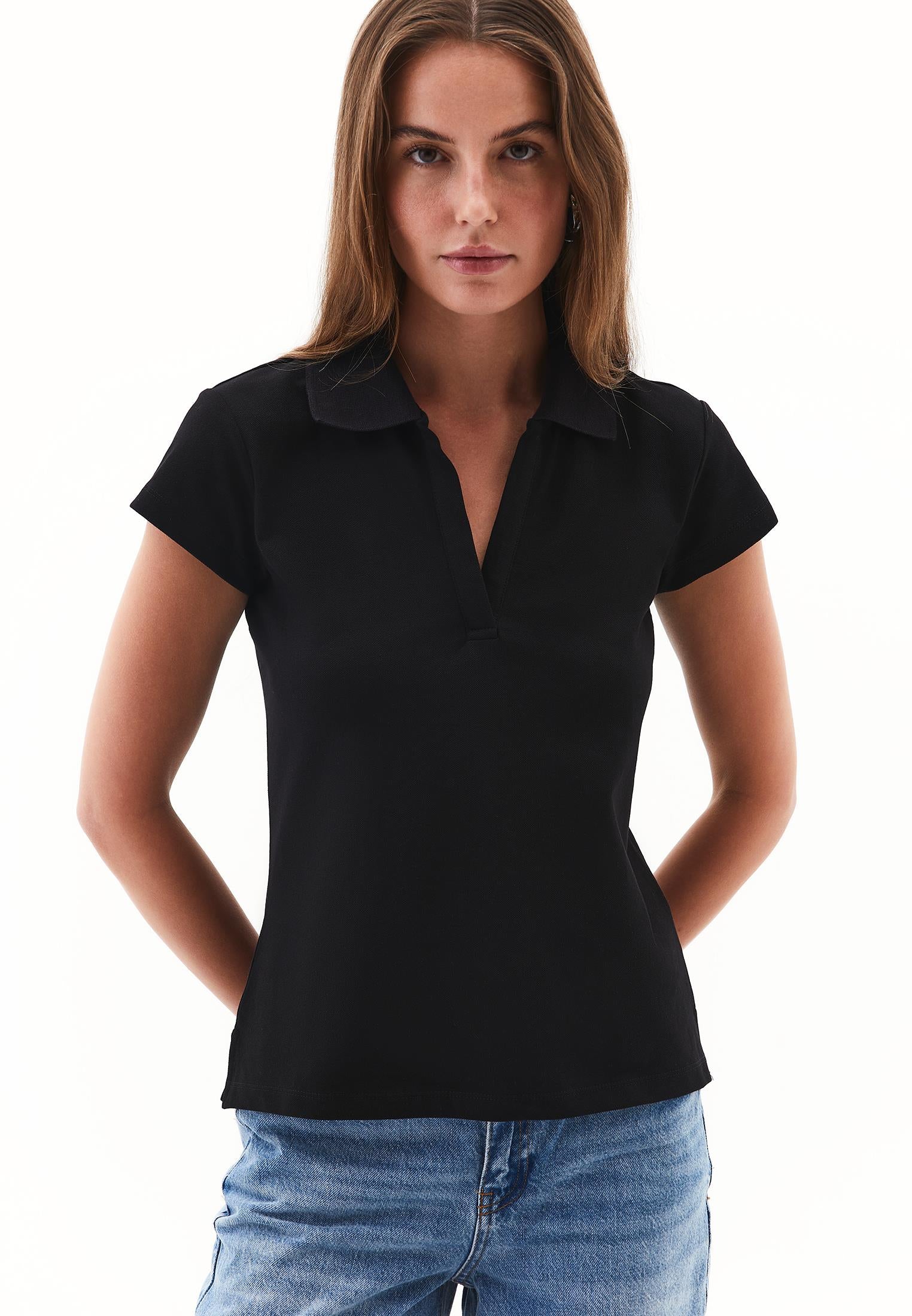 Polo Collar Short Sleeve Standard T-Shirt - BLACK