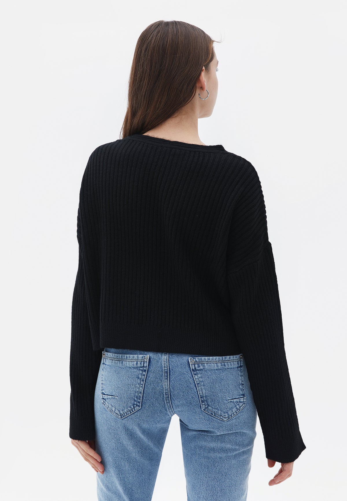 V Neck Raglan Sleeve Sweater - BLACK