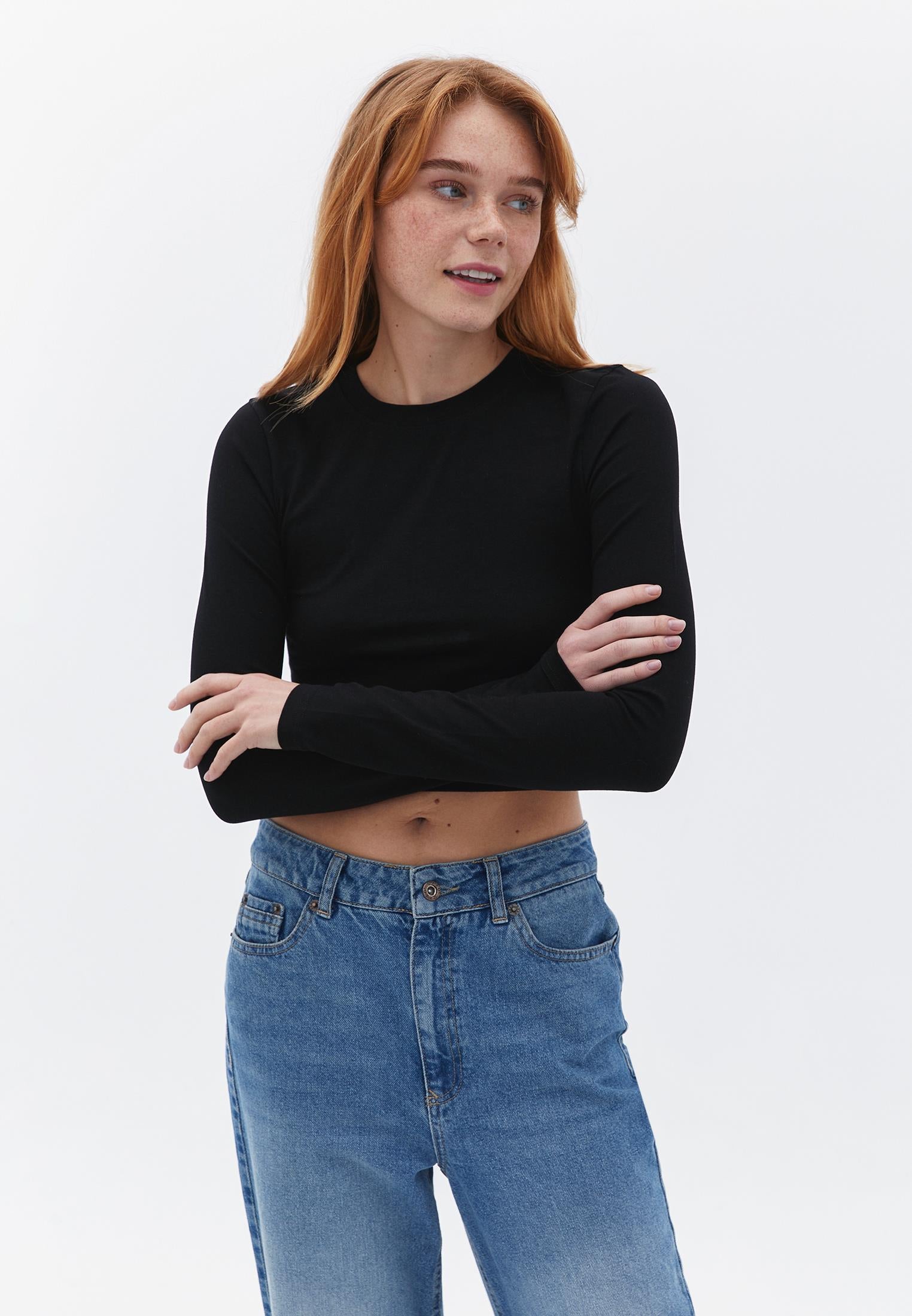 Cropped High Neck Long Sleeve T-Shirt - BLACK