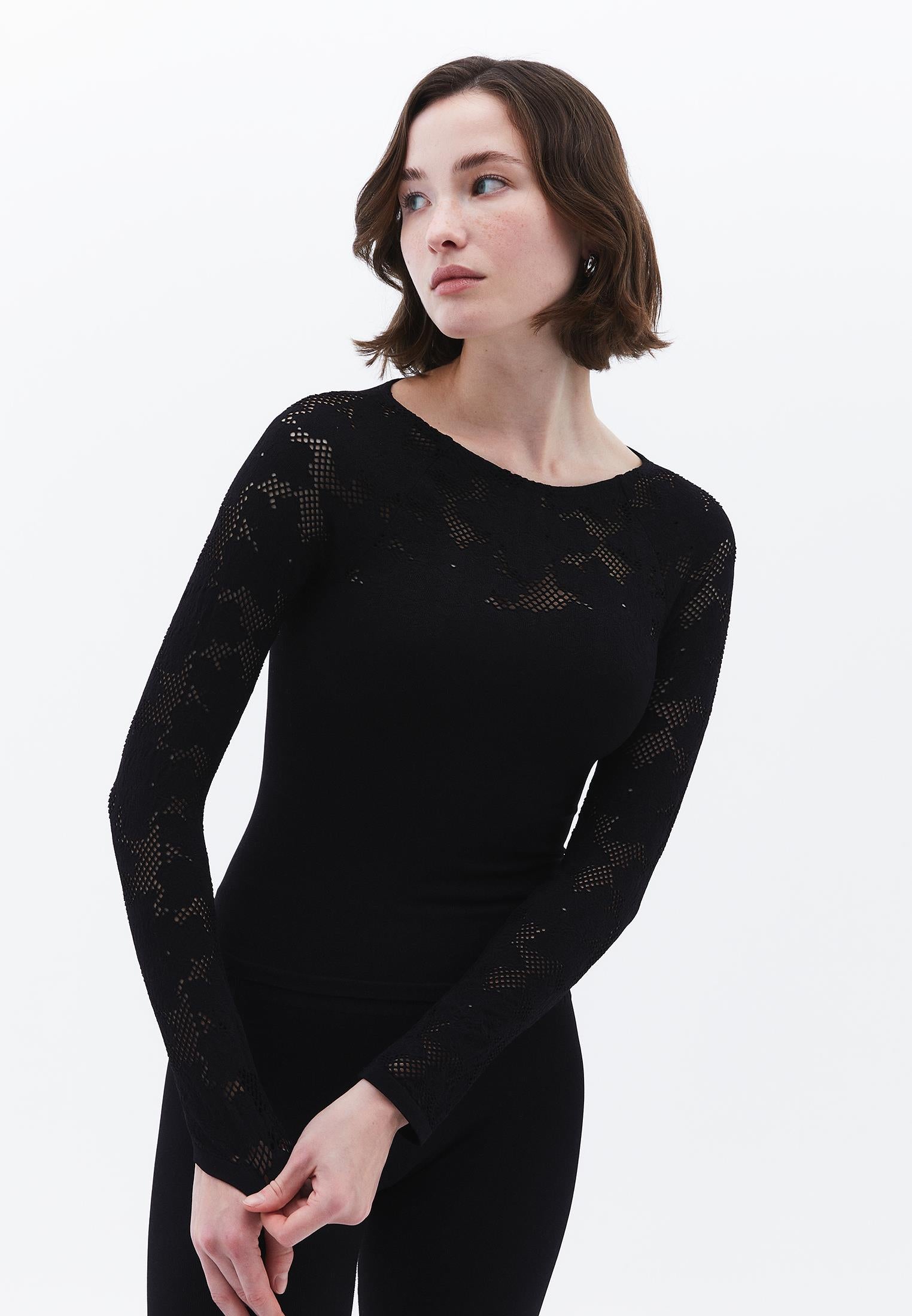 Jacquard Boat Neck Bodycon T-Shirt Long Sleeve - BLACK