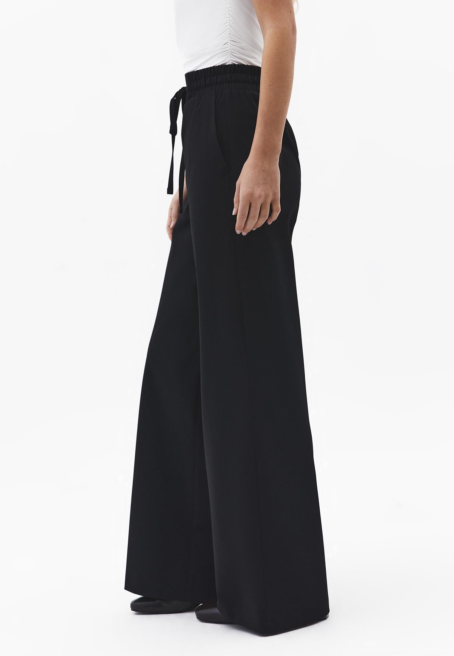 Wide Leg High Waist Elastic Waistband Pants - BLACK