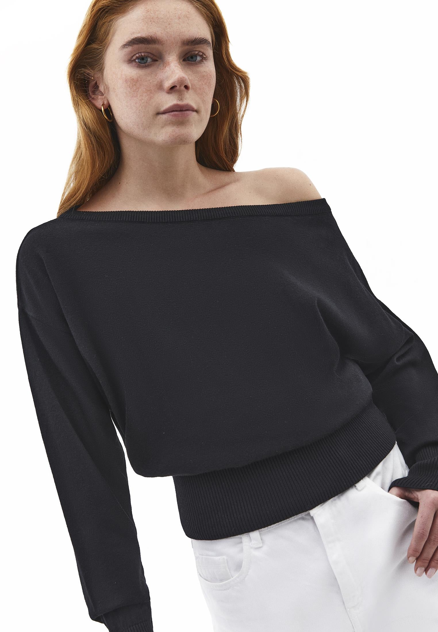 Boat Neck Long Sleeve Sweater - BLACK