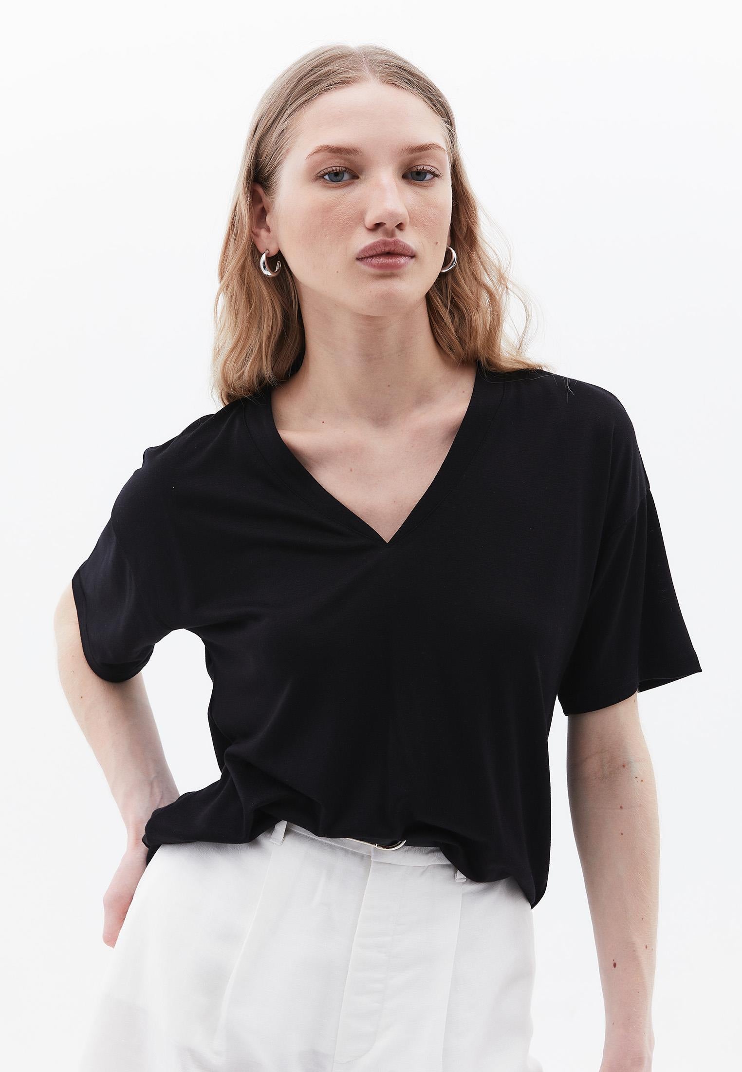 V Neck Oversize Short Sleeve T-Shirt - BLACK