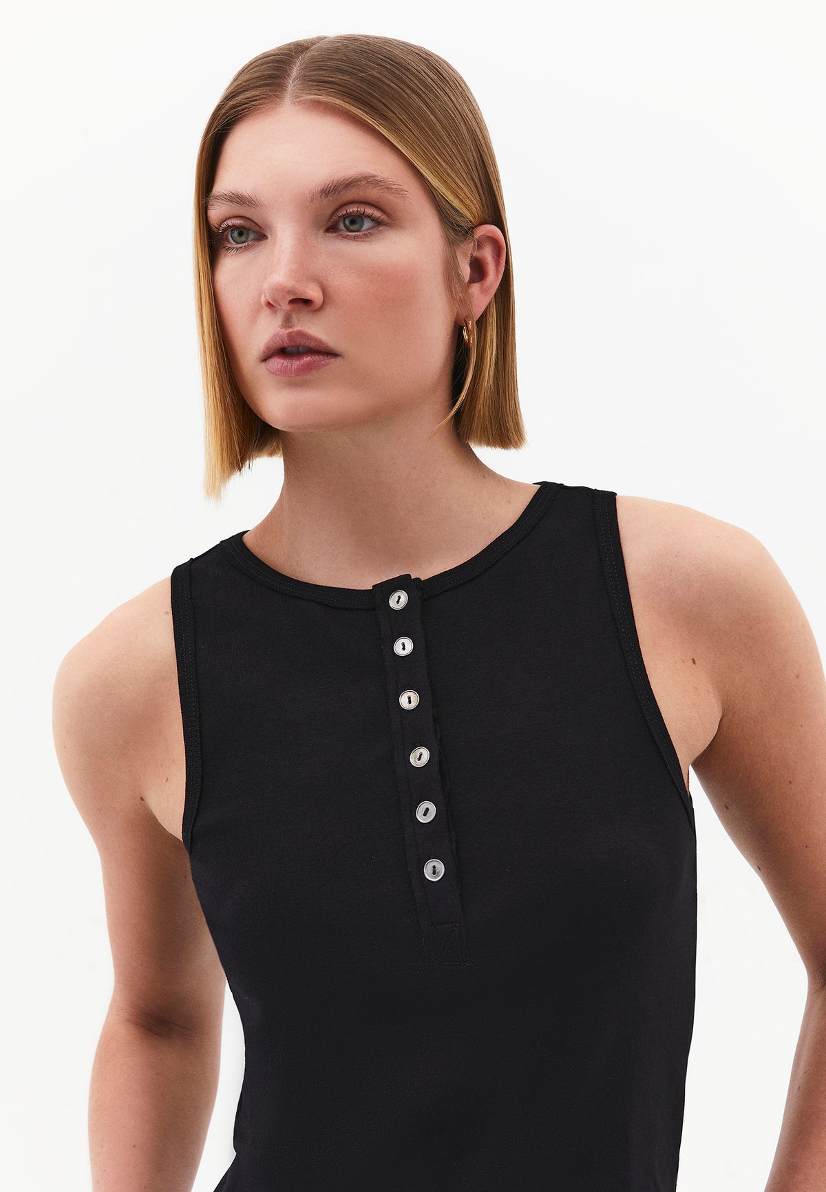 Crew Neck Button Detailed Tank Top - BLACK
