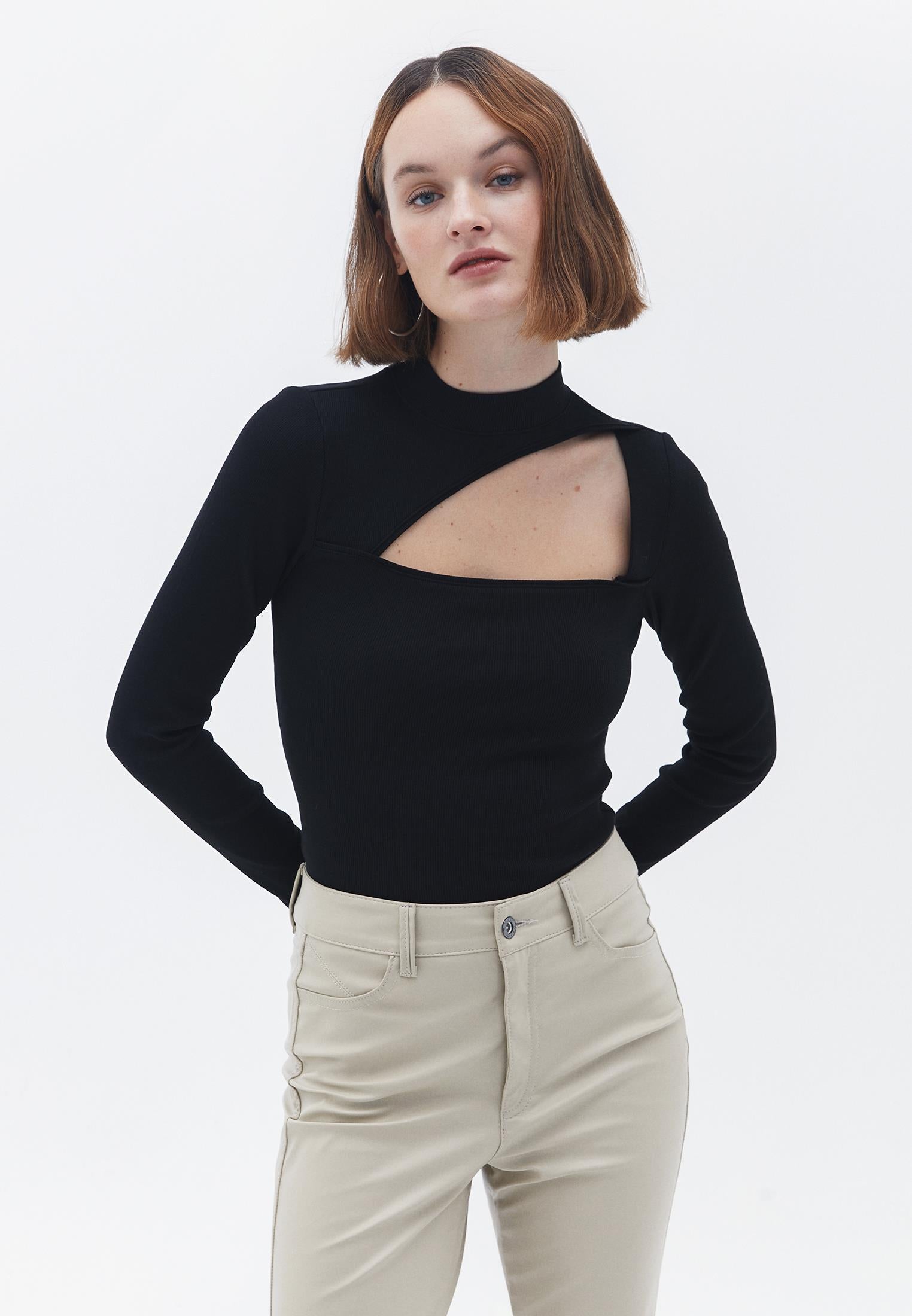High Neck Long Sleeve Bodycon T-Shirt - BLACK