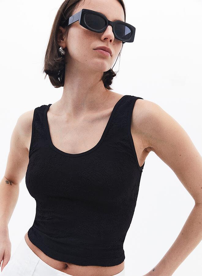 U Neck Bodycon Tank Top - BLACK