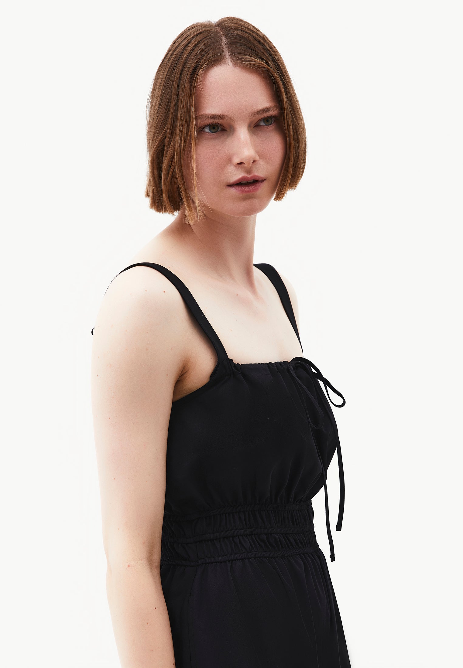 Strappy Square Neckline Short Dress With Bow And Gathered Details - BLACK